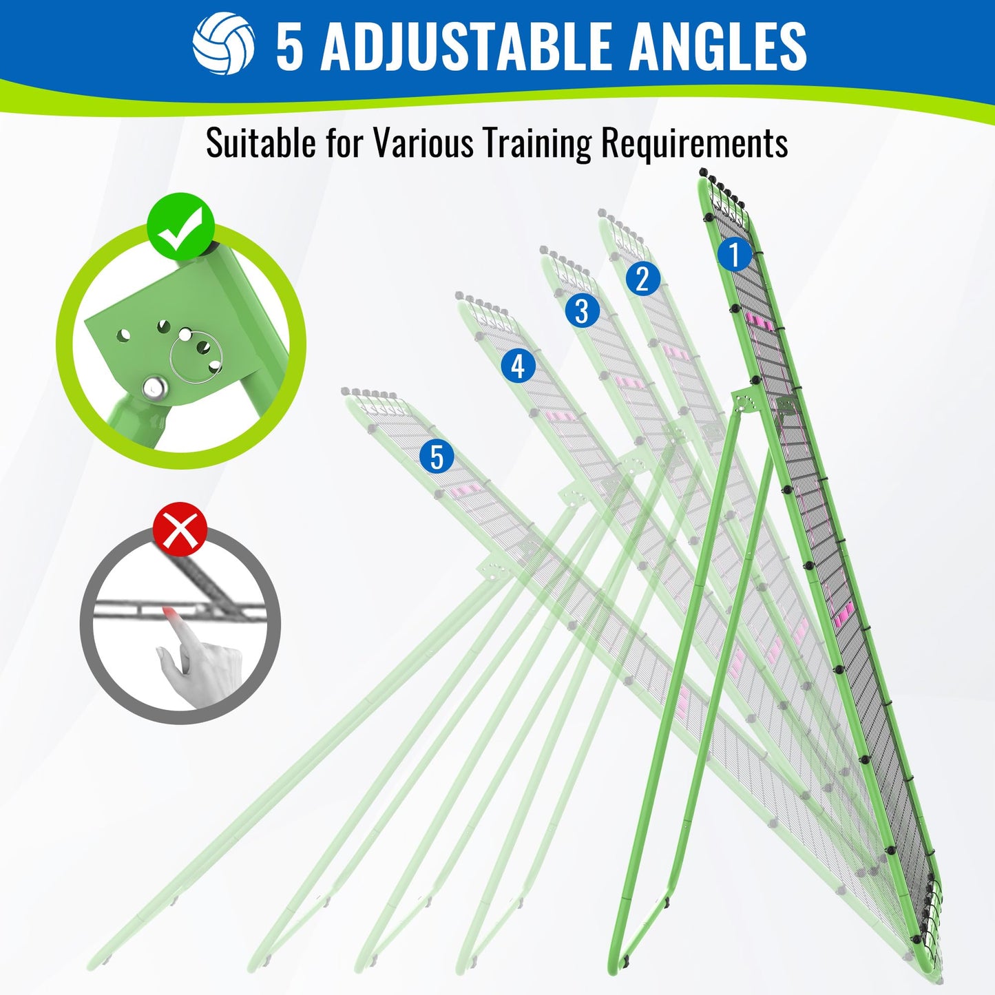 Oswerpon Volleyball Rebounder Net 7x4 FT, 5-Angle Adjustable Bounce Back Net, Steel Frame & PE Training Net for Volleying/Spiking, Rust-Resistant & Durable – w/Travel Bag, 2 NETS (Green & Pink)