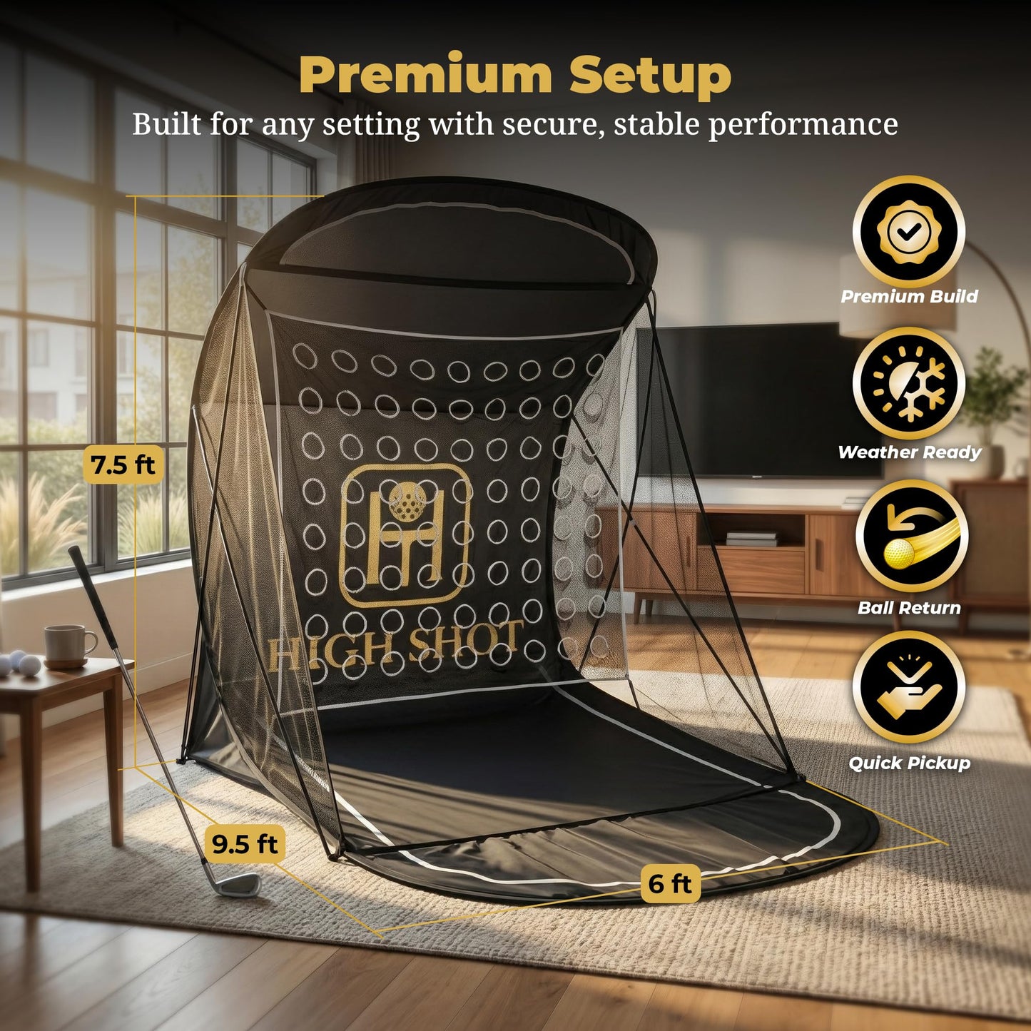 High Shot Golf Practice Net with Ball Return and Two Interchangeable Target Nets - 7.5 ft x 6 ft x 9.5 ft Heavy Duty Dual Golf Hitting Net System with Canopy for Indoor and Outdoor Use