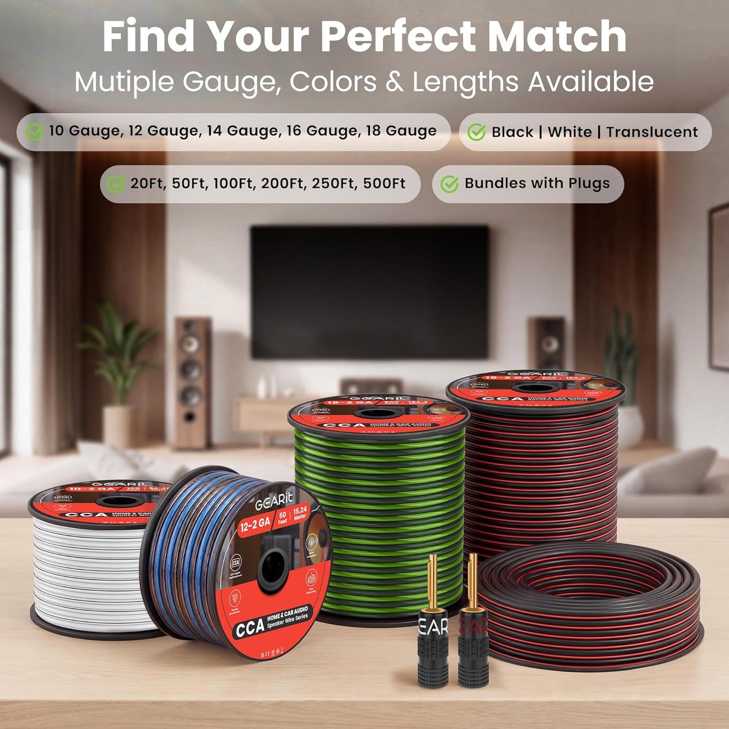 18 100 Markings,14 GEARit Speaker Wire Gauge ft,Speaker Cable with Foot Markers & Polarity Gauge Wire for Car Audio
