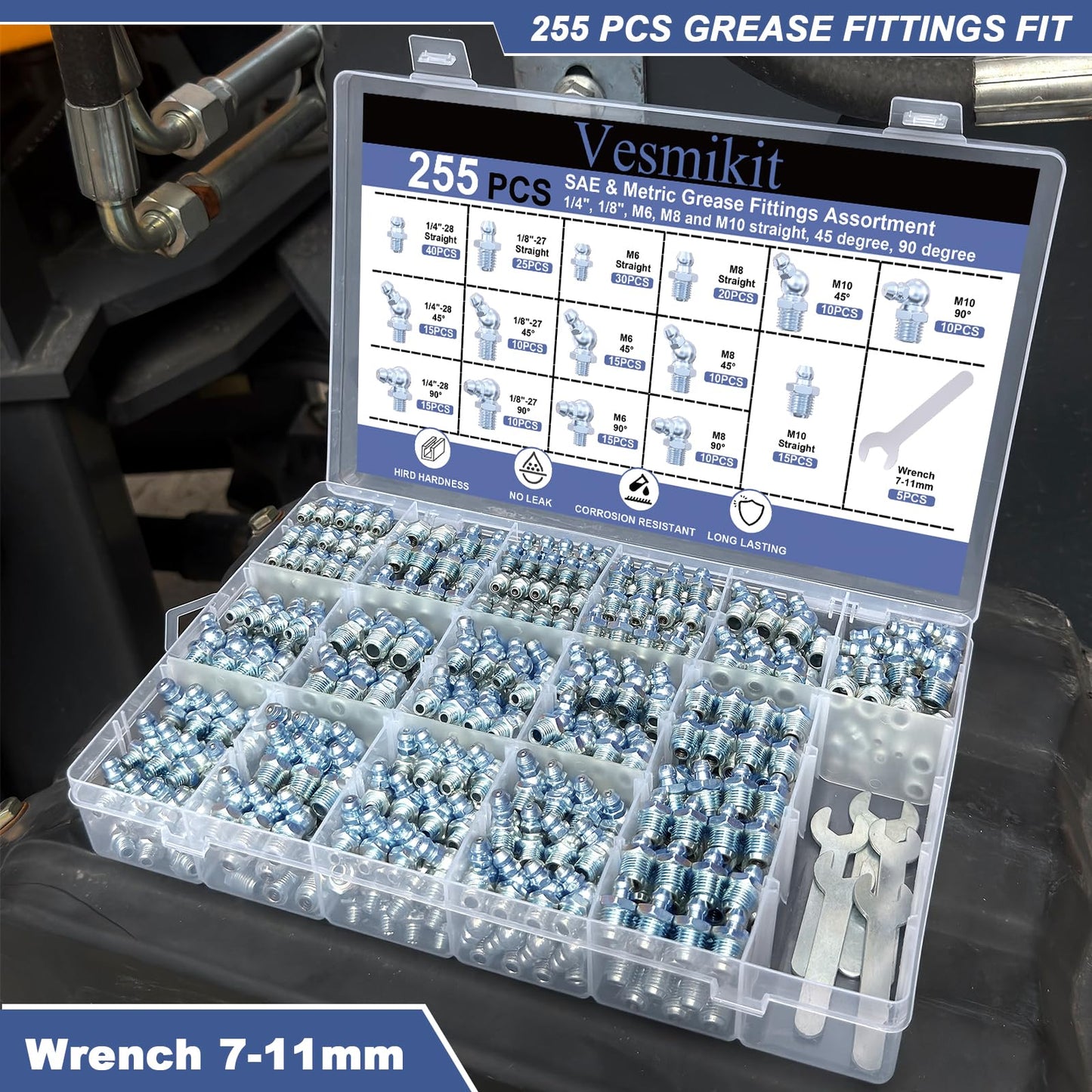 255PCS Grease Fittings Assortment,SAE & Metric Grease Zerk Fittings 1/4" 1/8" M6 M8 M10 straight 45 90 degree with Wrench Kit(7-11mm) for Grease Gun,Fit Tractor Vehicle Excavator Trailer Equipment