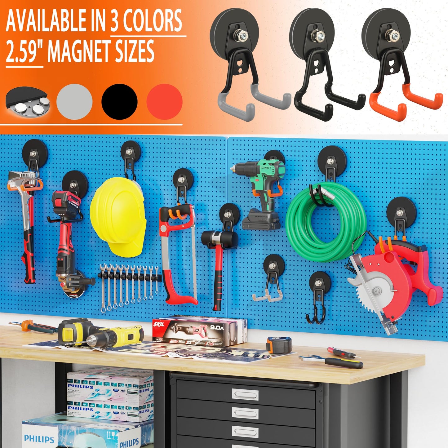 ULIBERMAGNET New Upgraded Heavy Duty Magnetic Hooks,Strong Large Magnet Hooks for Power Drill,Garden Tools, Hose,Pegboard,Garage,Workshop,2 Pack Magnetic Storage Hooks for Indoor Outdoor Hanging(Gray)