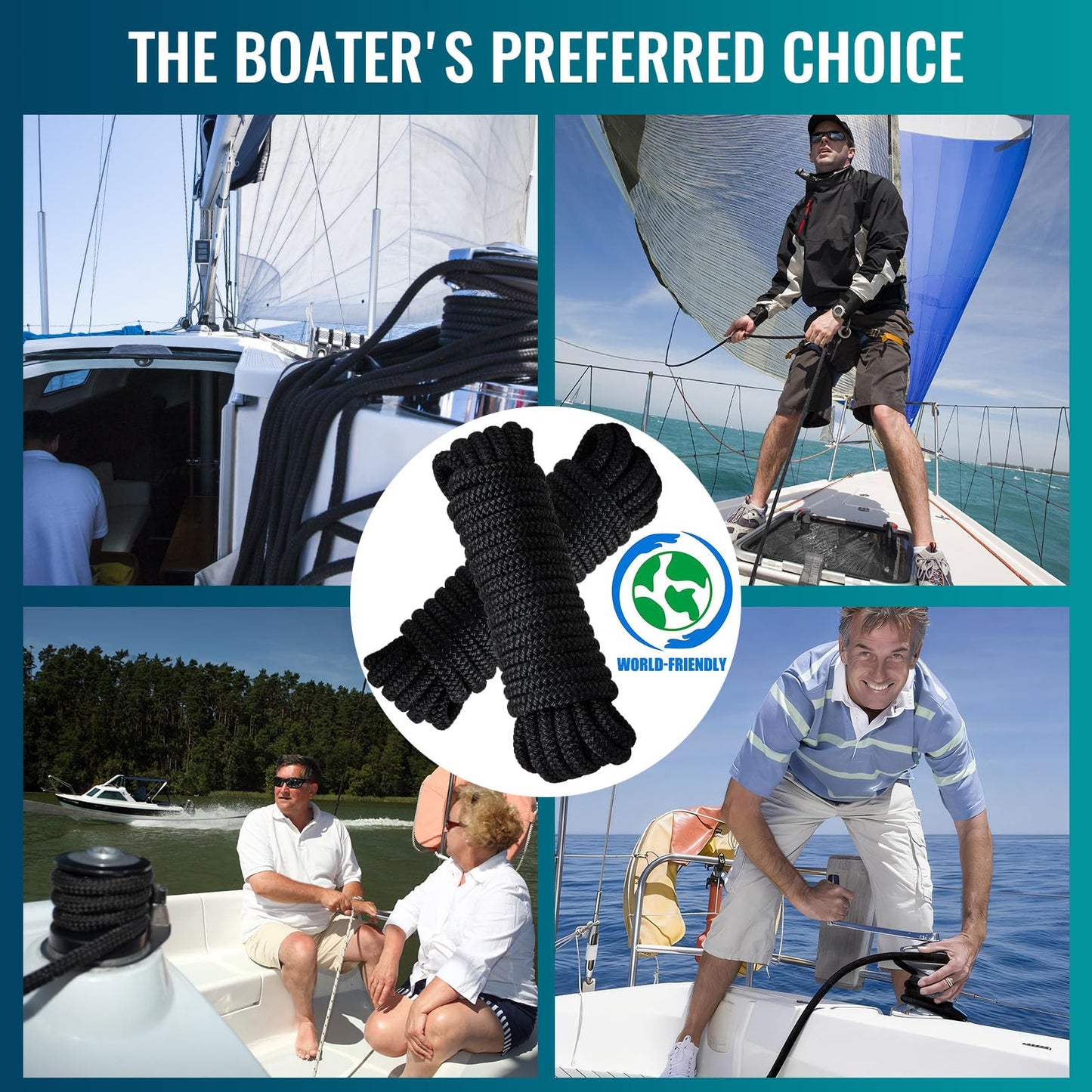 2 Pack 3/8" x 20' Boat Dock Lines for Boat & Pontoon, Premium Marine- Grade Double Braided Nylon Boat Lines, Pre-Spliced with a 12" Eyelet-Black,High Strength,Easy Handling,Boating Gifts for Men.