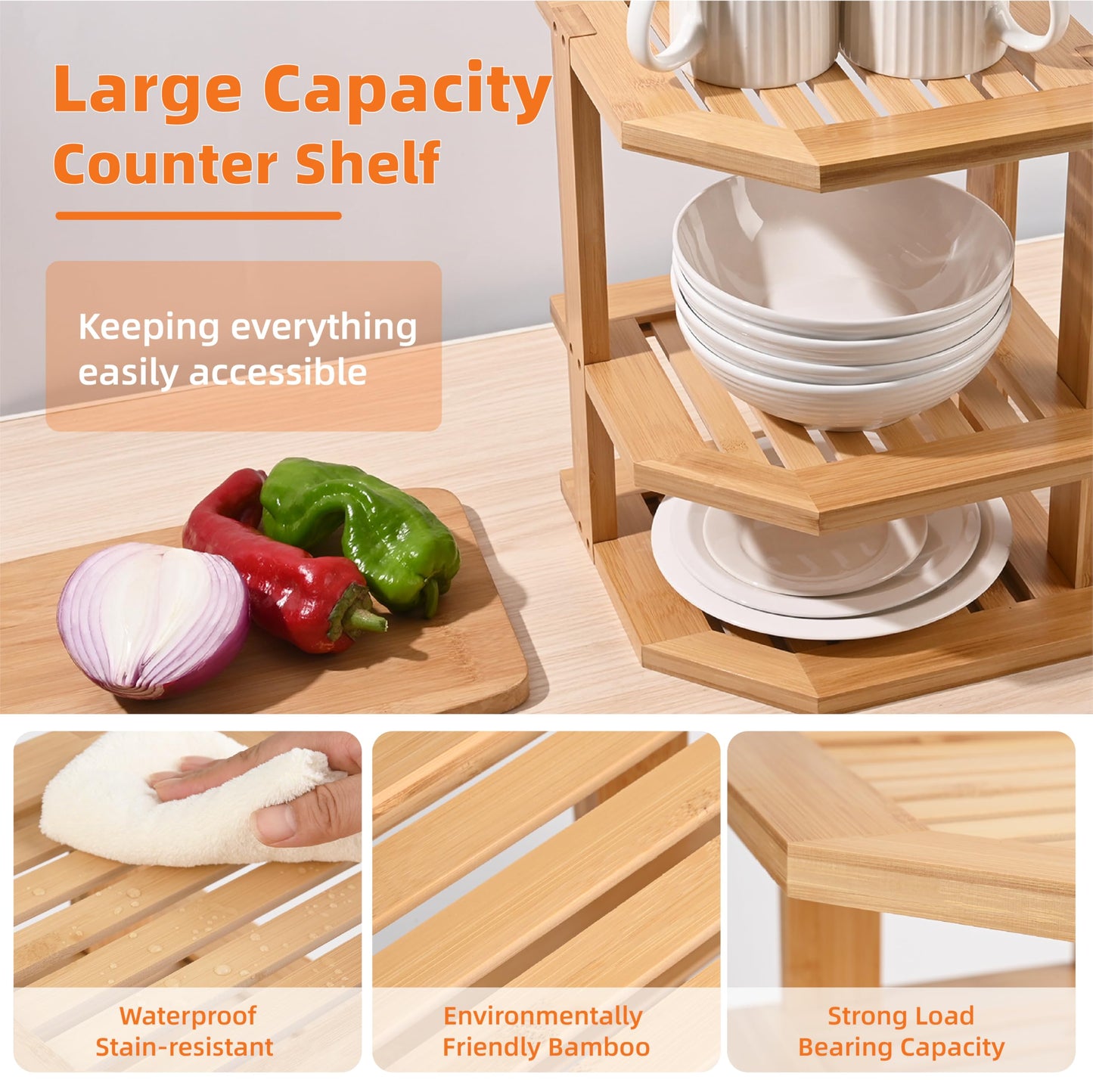 YUBAMIN Bamboo Kitchen Cabinet Organizer, 3 Tier Spice Rack Organizer for Cabinet, Space-Saving Spice Corner Shelf, Multi-Purpose Kitchen Counter Shelf for Spices, Plates, Fruits, Bread and Canned