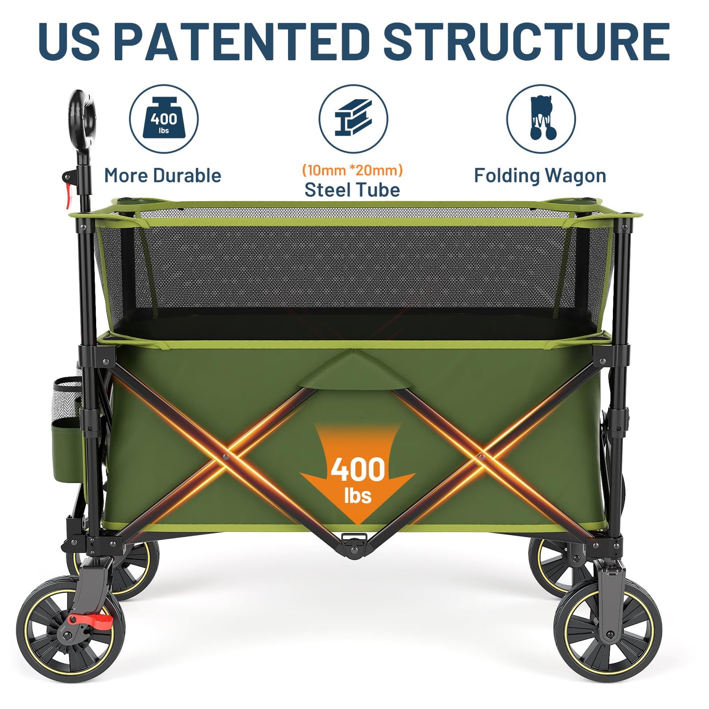Timber Ridge Collapsible Folding Wagon 350L Extra Large with Brake, Heavy Duty Camping Utility Cart Outdoor, Extended Height Adjustable Handle, Cup Holders, Side Bag, Green