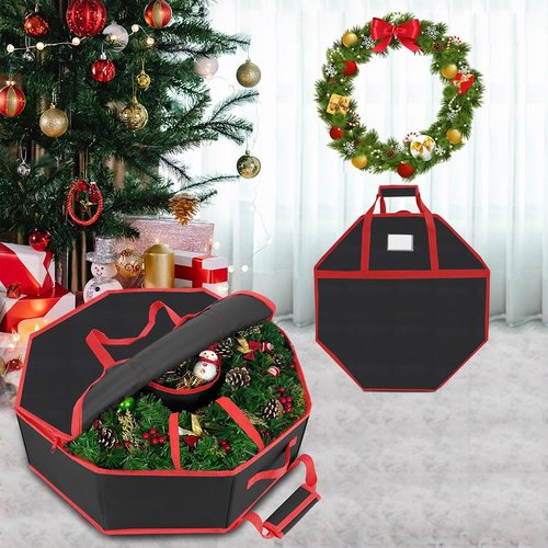 Christmas Wreath Storage Box - 30 Inch Hard Shell with Interior Pockets & Dual Zippers | Black