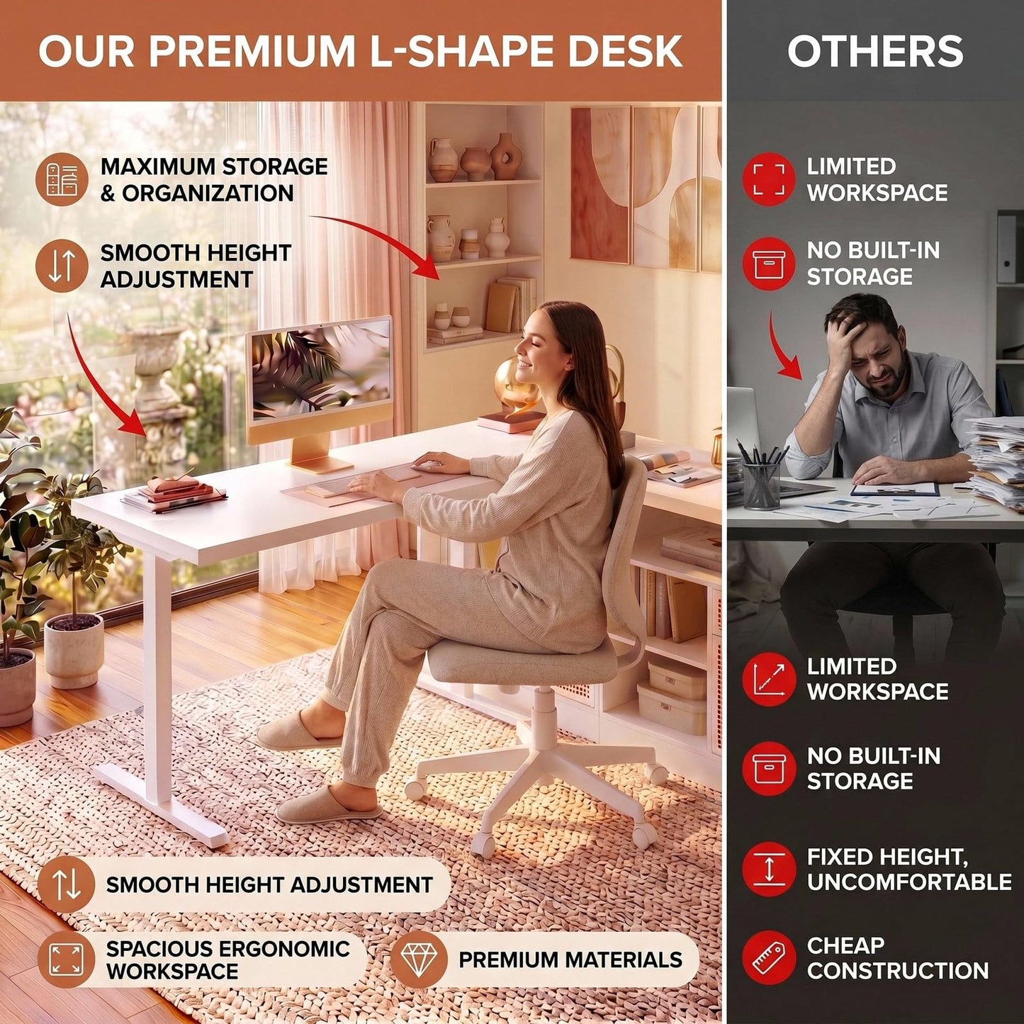 ModernMate 67" L Shaped Electric Standing Desk with 4 Drawers, Corner Executive Workstation with 2 File Cabinets, Height Adjustable with AC/USB for Home Office, 1.18" One-Piece Desktop, White Rattan