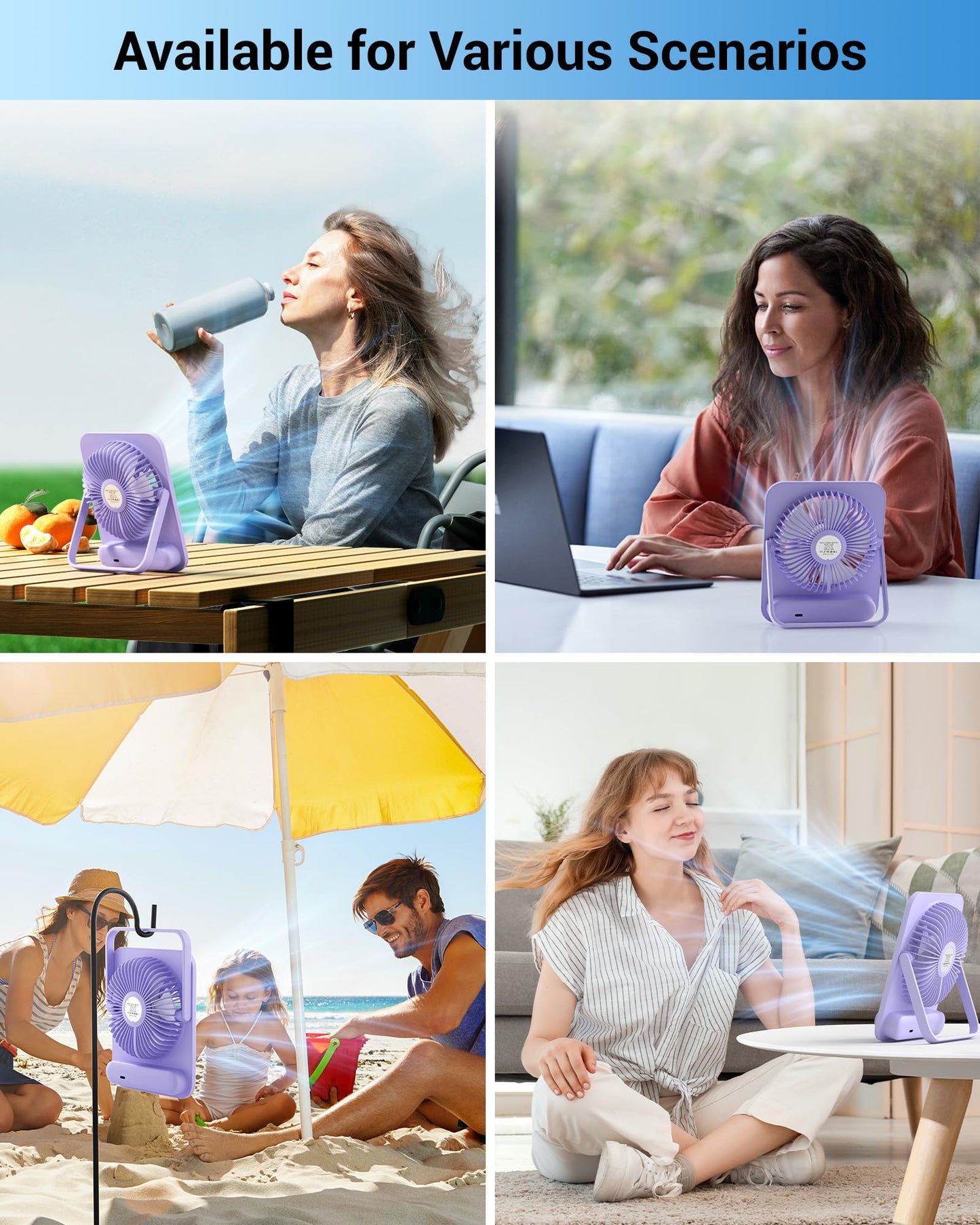 WHATOOK Desk Fan 2 Pack: 100 Speeds Stepless Control 2000mAh Battery Operated Portable Fan, Rechargeable Table Fan for Cruise Ship Essentials, Gift for Couples, Dorm, Office, Bedroom(Black and Purple)