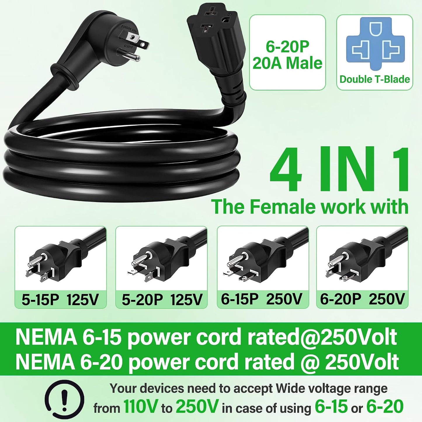 URANT 15 20 12AWG 5-15P 5-20R/6-15R/6-20R 125V/250V Garage(6Ft) Heavy Duty Amp to Amp Plug Adapter Cable, Right Angle