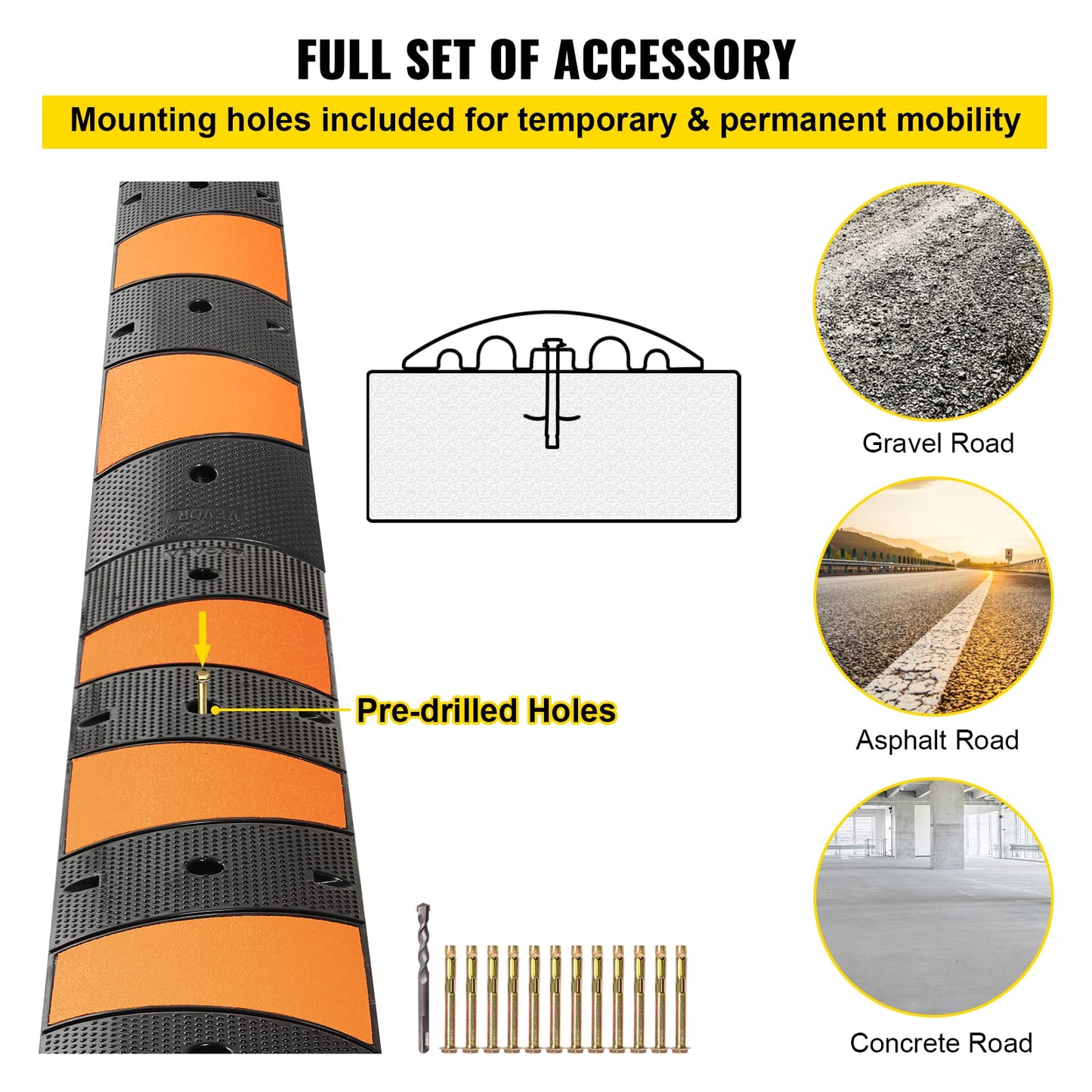 VEVOR Rubber Speed Bump (2 Pack) - 6 FT Heavy Duty 22,000 lbs Capacity for Road & Driveway, 72.8" x 12.2" x 2.2" Modular Traffic Hump, 2 Channel Floor Cord Cover for Asphalt, Concrete, Gravel