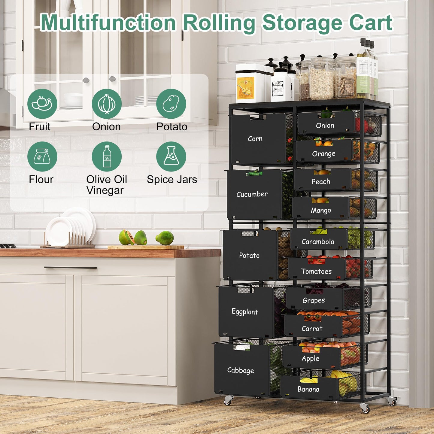 EasyPAG Rolling Storage Cart With 15 Drawers, Metal Craft Organizers And Storage Cart With Wood Tabletop, 30 Lbs Capacity Per Drawer For Home Office Classroom And Dorm, Black