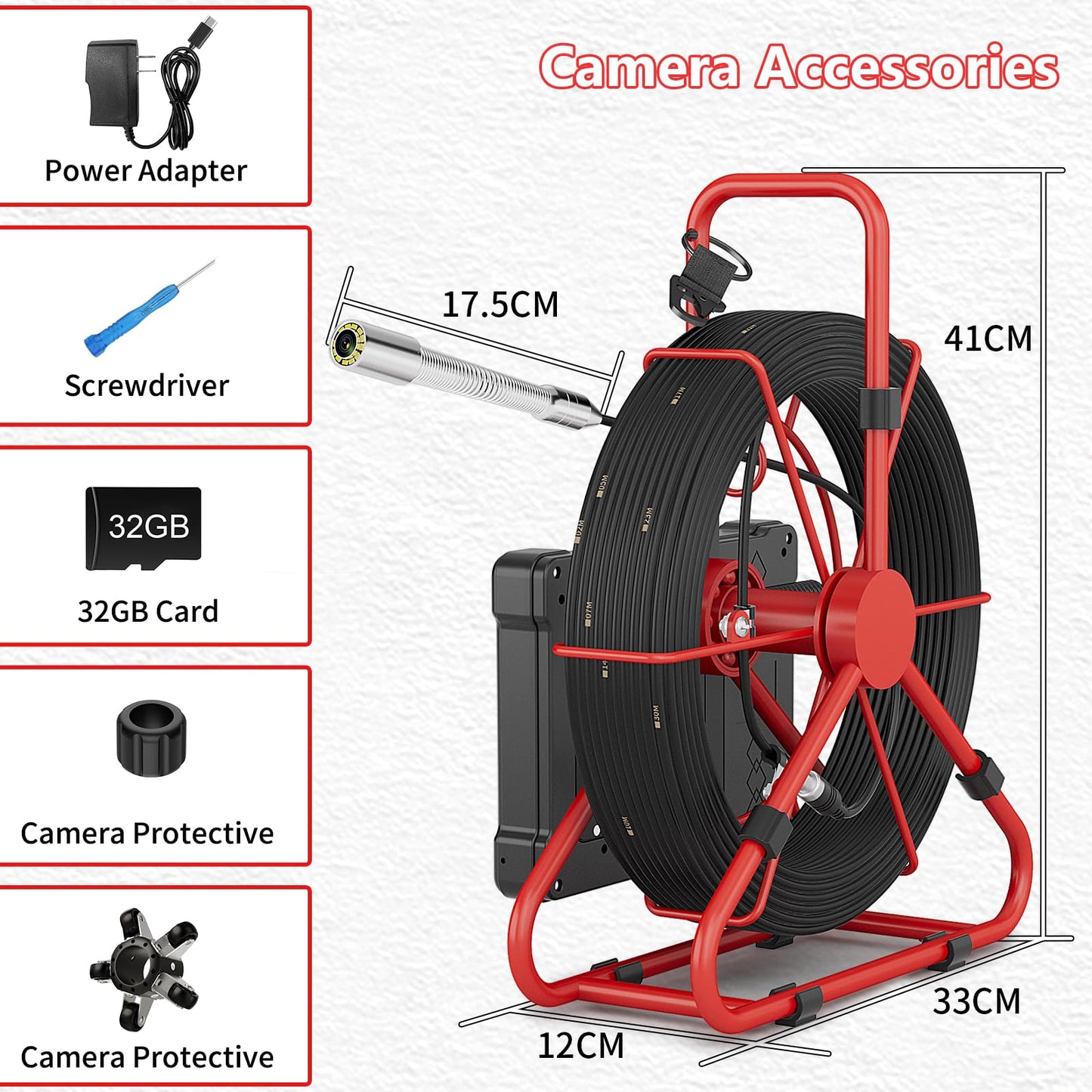 Sewer Camera 100ft/30M 7" Rainproof IPS Screen Pipe Drain Inspection Camera DVR Recorder with Meter Marker 23MM 1080P Industrial Borescope 32G Card for Drain Pipe Plumbing