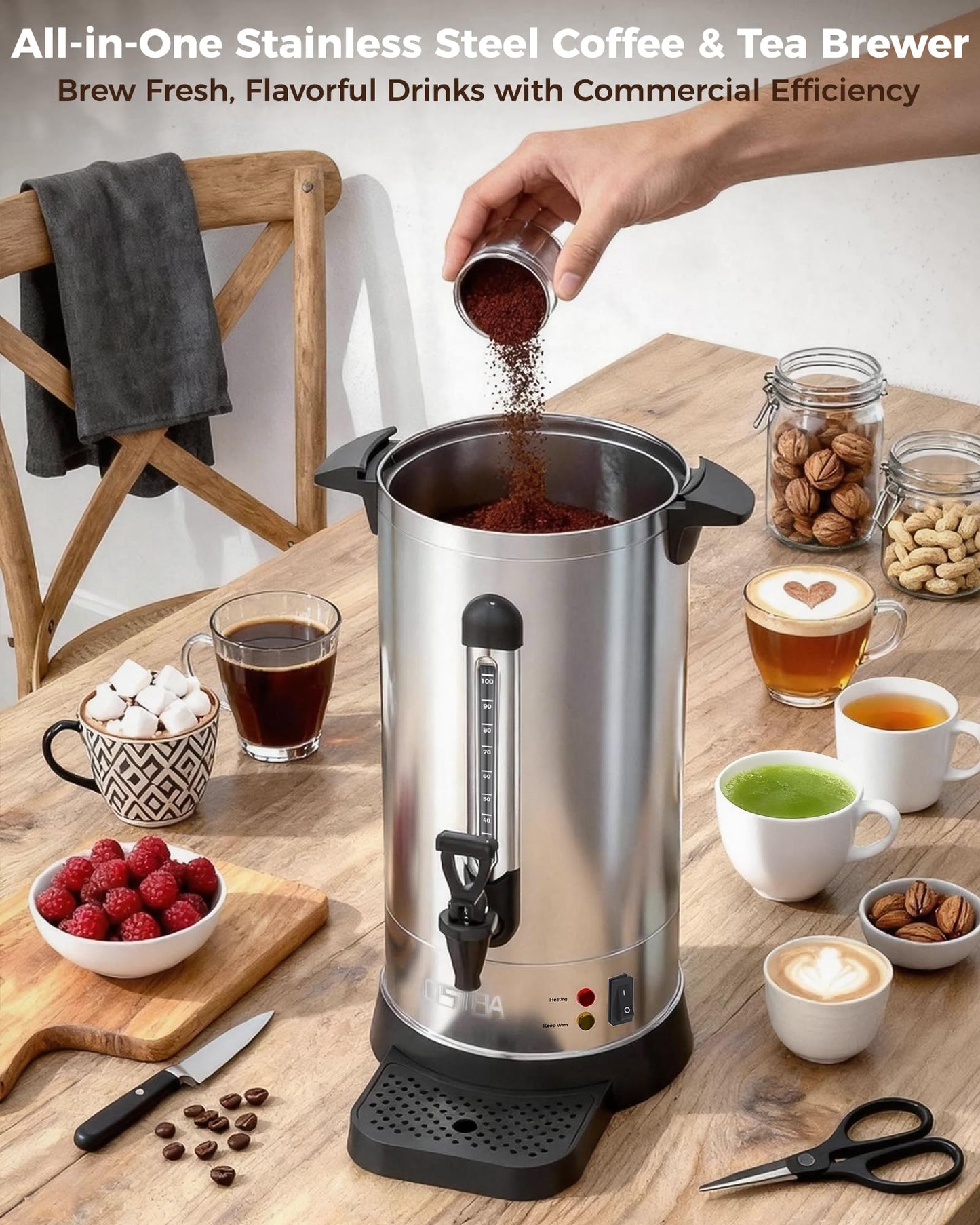 OSTBA 1500W Commercial Coffee Urn 100 Cup / 15L Large Percolator Coffee Pot, 304 Stainless Steel Double-Wall Hot Water Dispenser Electric Coffee Maker Fast Brewing for Catering, Parties & Events