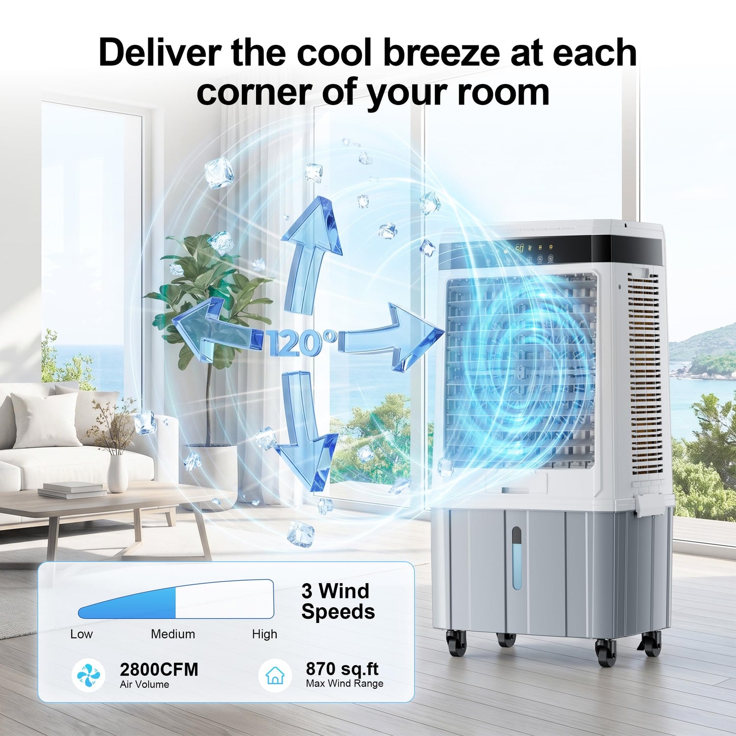 AKIRES 2800CFM Swamp Cooler Air conditioner,Evaporative Air Cooler with 9.5Gal Detachable Water Tank,Ice Packs,12H Timer,Portable Cooling Tower Fan for Indoor Outdoor White
