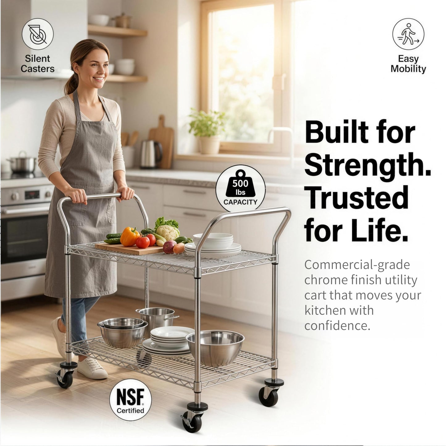 Finnhomy 2-Tier Commercial Grade Rolling Cart, Heavy Duty Utility Cart, Carts with Wheels and Handles, Kitchen Cart on Wheels, Metal Serving Cart with 500 lbs Capacity, Shelf Size 20" D x 36" W, NSF