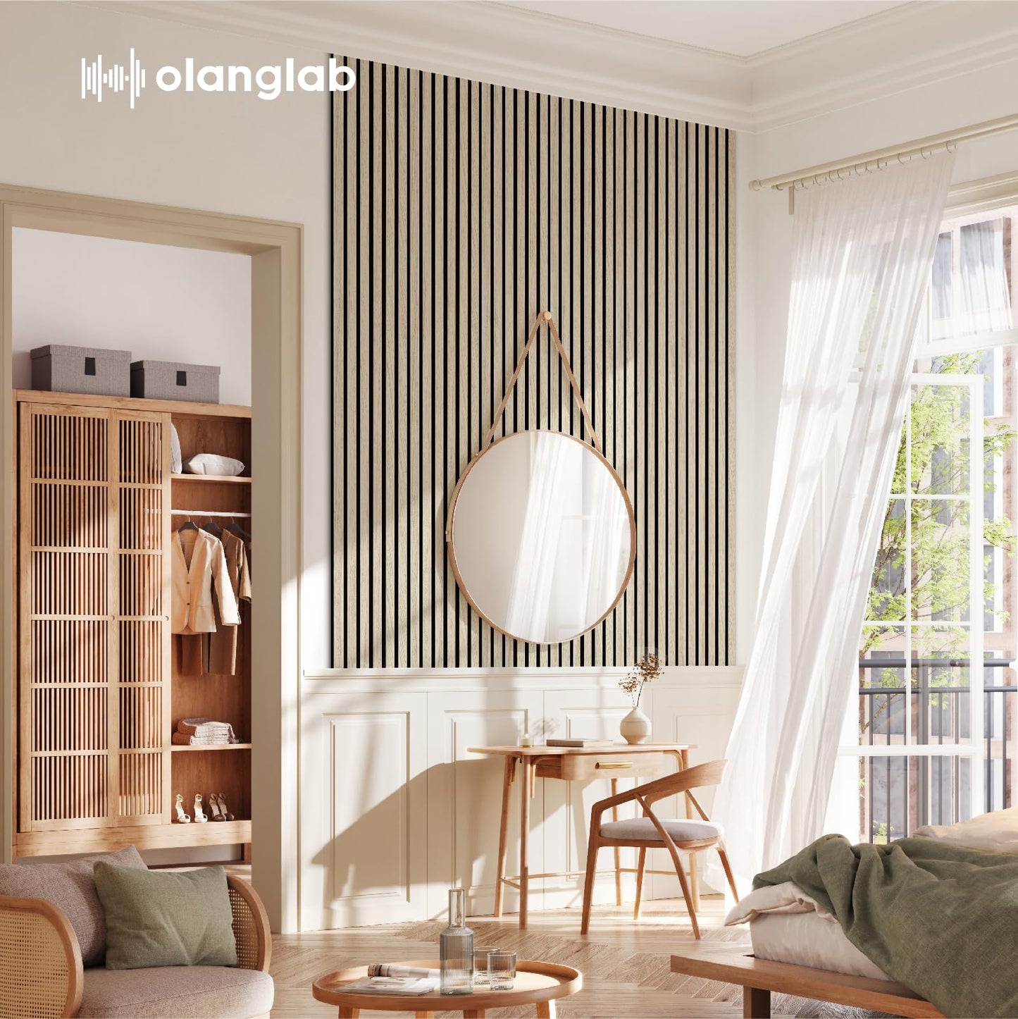Olanglab Wood Wall Panels 4 Pack, Wood Slat Acoustic Wall Panels, 94.5"x12.6" Each 3D Wall Panels for Interior Wall Decor (Light Oak-Extendo Trio)