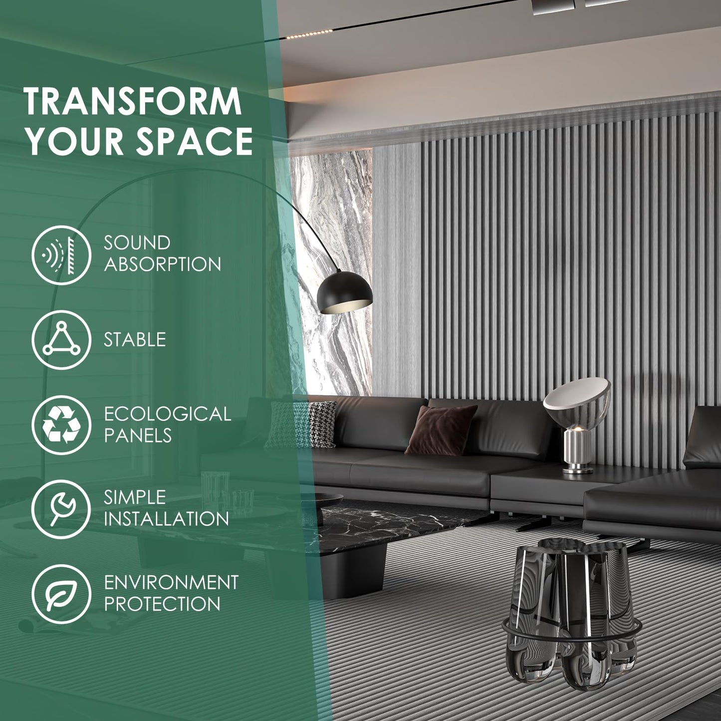 VallisCo 4-Piece Wood Slat Acoustic Panels for Stylish Interior Decor & Noise Reduction - 94.5" x 7.87" 3D Solid Wood Wall Panels for Ceiling and Wall, Covers 20.66 Sq Ft, Grey Oak