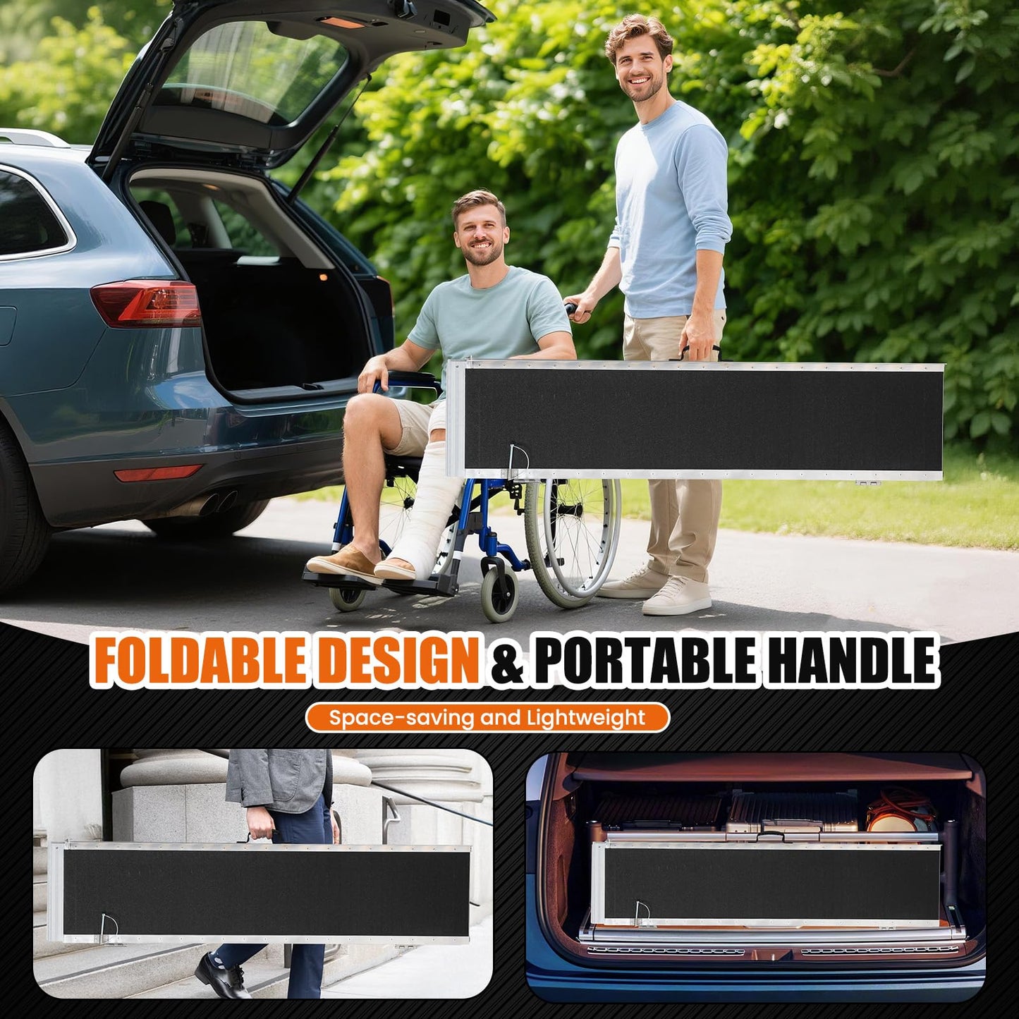 ExploreHorizon 7FT Aluminum Folding Wheelchair Ramp - Heavy Duty 800 lbs Capacity, Portable Ramp for Cars, Stairs, Doorways, Scooters & Home Steps with Non-Slip Surface