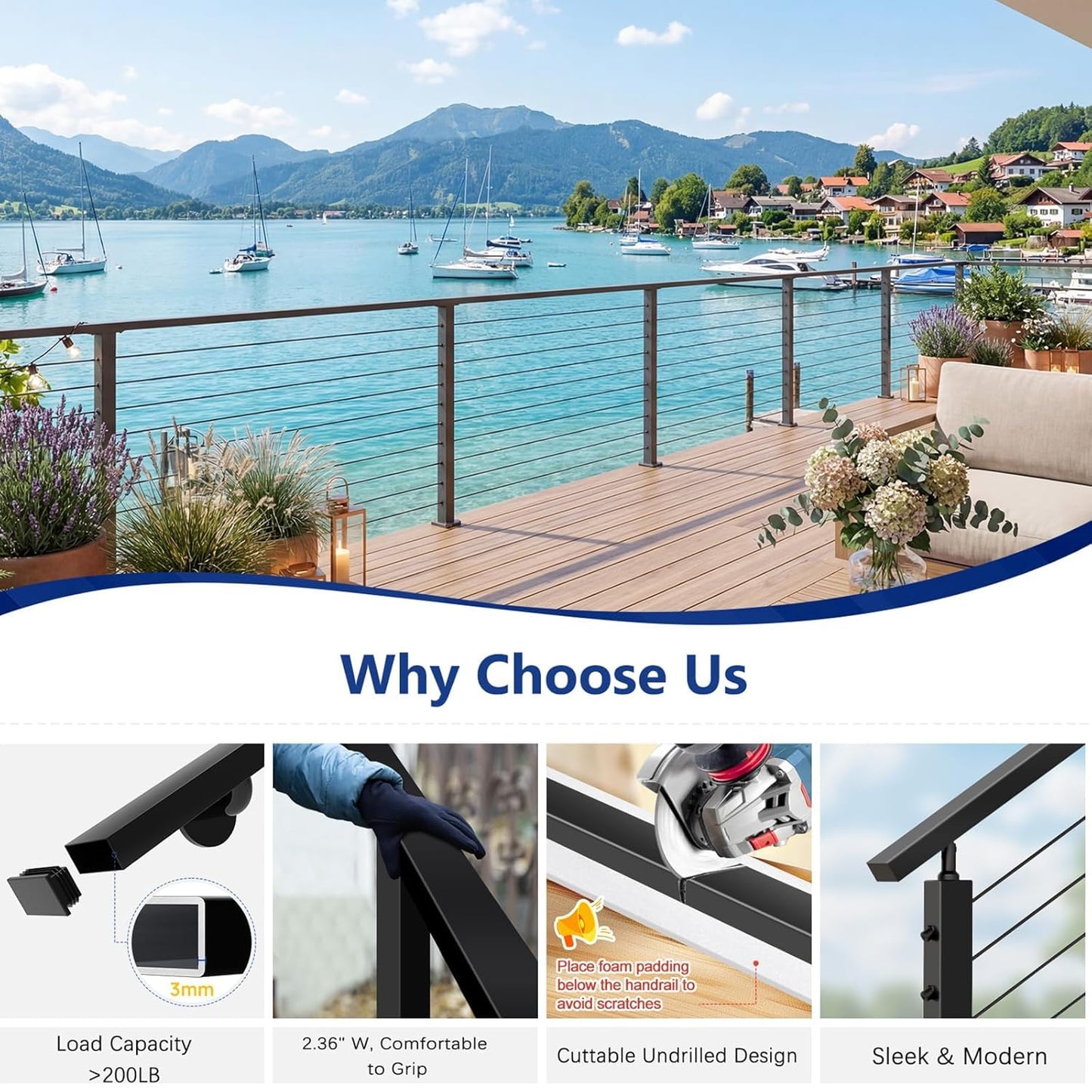 Zylorix 3Pack 10FT Aluminum Black Handrail for Lake House Deck Railing, 2.36" W X 1.18" H Cuttable Rectangular Flat Top Hand Rail for DIY Outdoor Deck Stair Cable Railing(Screws Included)