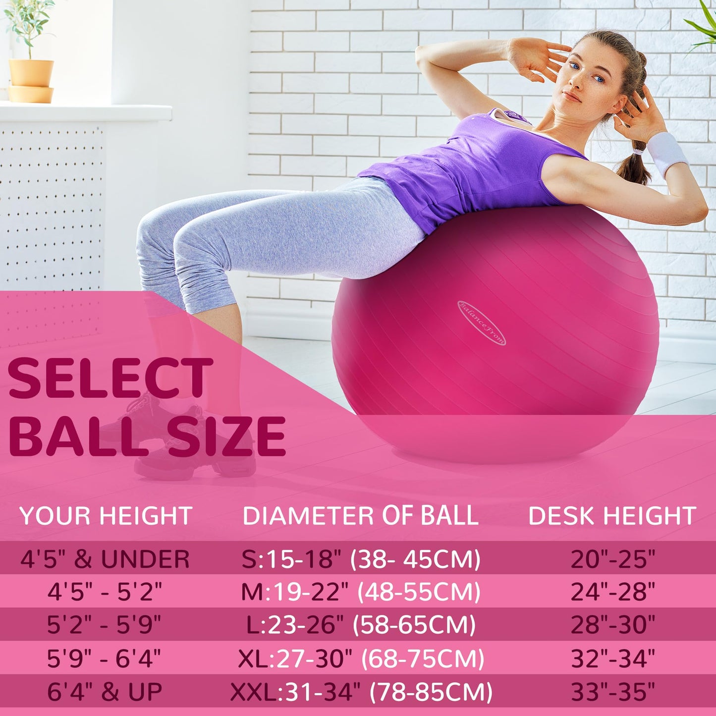 Fitvids Anti-Burst and Slip Resistant Exercise Ball Yoga Ball Fitness Ball Birthing Ball with Quick Pump, 2,000-Pound Capacity, Pink, 30-inch, XL