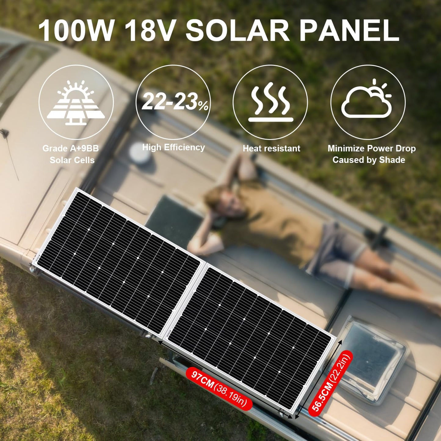 DOKIO 100W 18V Solar Panel 2-Pack for 12V Battery Charging, Monocrystalline Glass Modules with Aluminum Frame, MC4, Pre-Drilled Holes, Series/Parallel for RV, Boat, Roof, Off-Grid Systems
