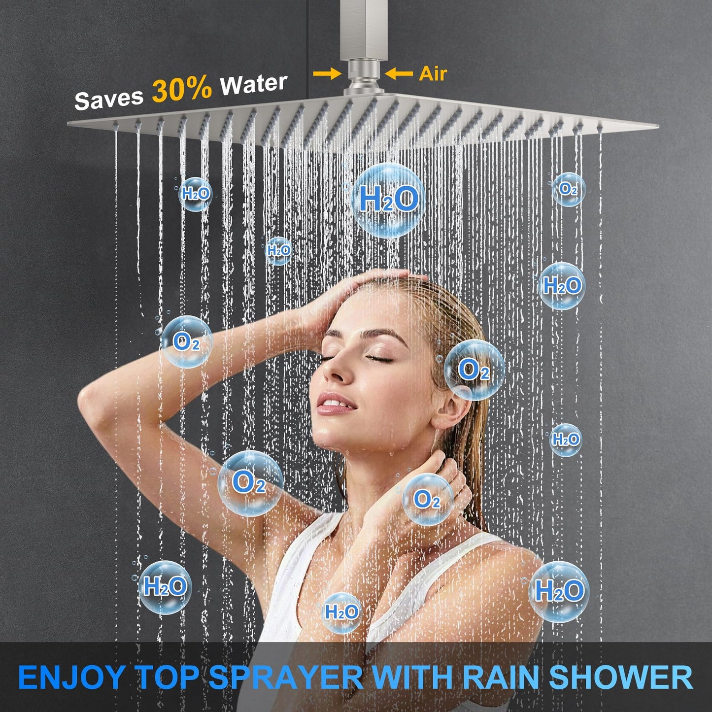 Shower Faucet Set, 12" Ceiling Mount Rainfall Shower System with 2 Rain Shower Head and Multi-function Handheld Head Push Button Diverter Shower Faucet Trim Kit (12", Brushed Nickel)