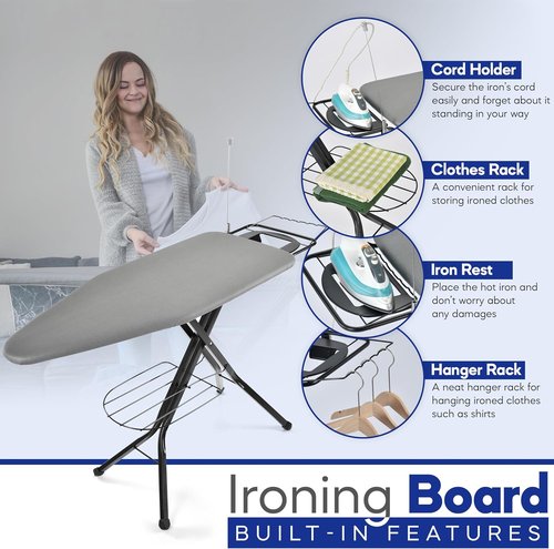BKTD Extra-Wide Ironing Board - 48" x 18" Large Surface with Built-In Clothes Rack & Adjustable Height - Black Grey