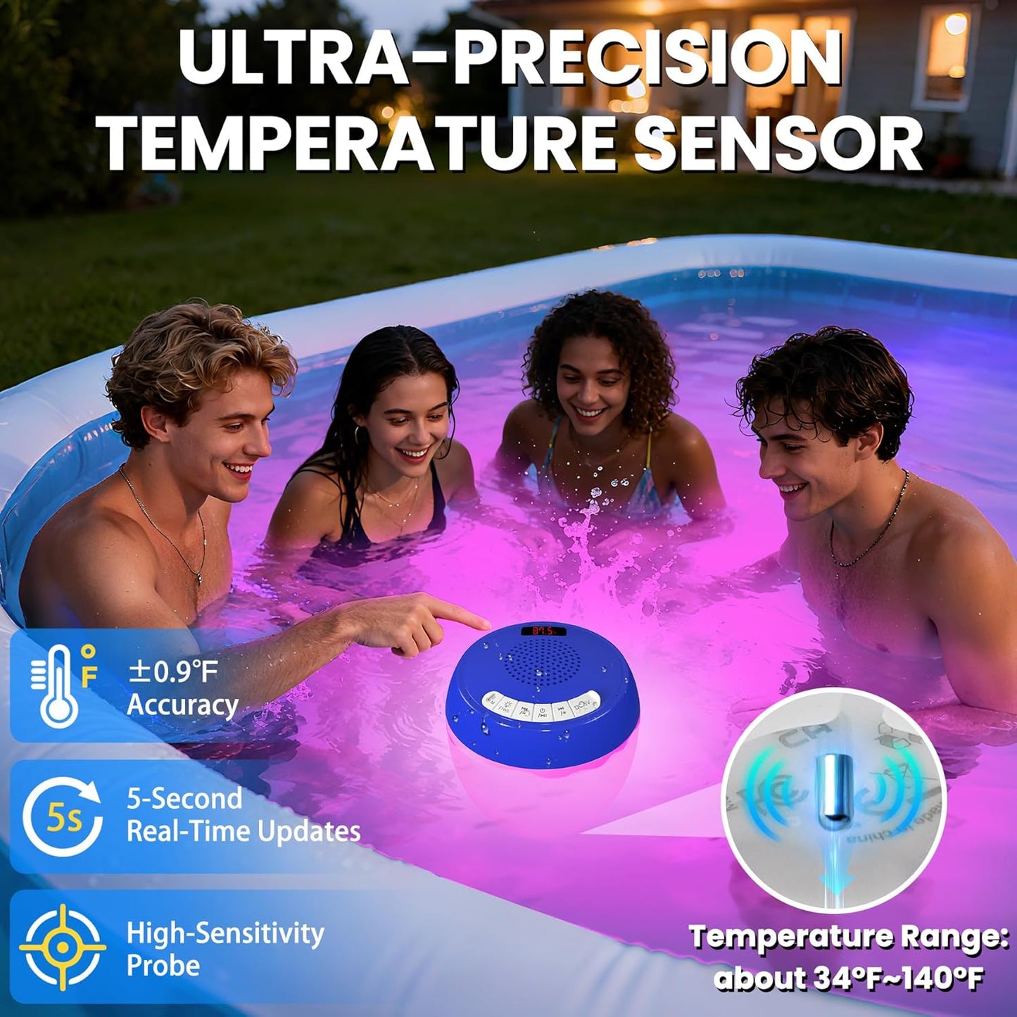 LanAqua 3 1 IP68 in Bluetooth Pool Speaker with Digital Thermometer, Floating Pool Speaker with Colorful Lights,Hot Tub