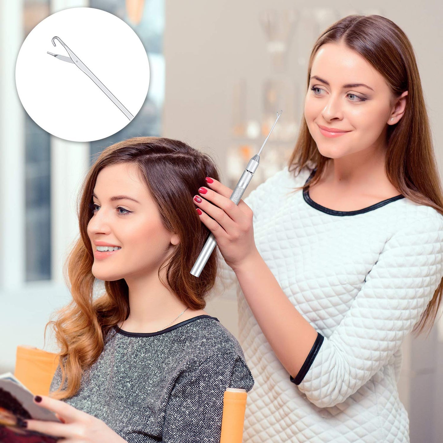 2 Sets 4-in-1 Hair Extension Tools, Includes Loop Needle Threader, Knitting Needles and Holder for Beads Dreadlock Wig Hair Extensions Lace Wig Making, Loop Tools and Hooks