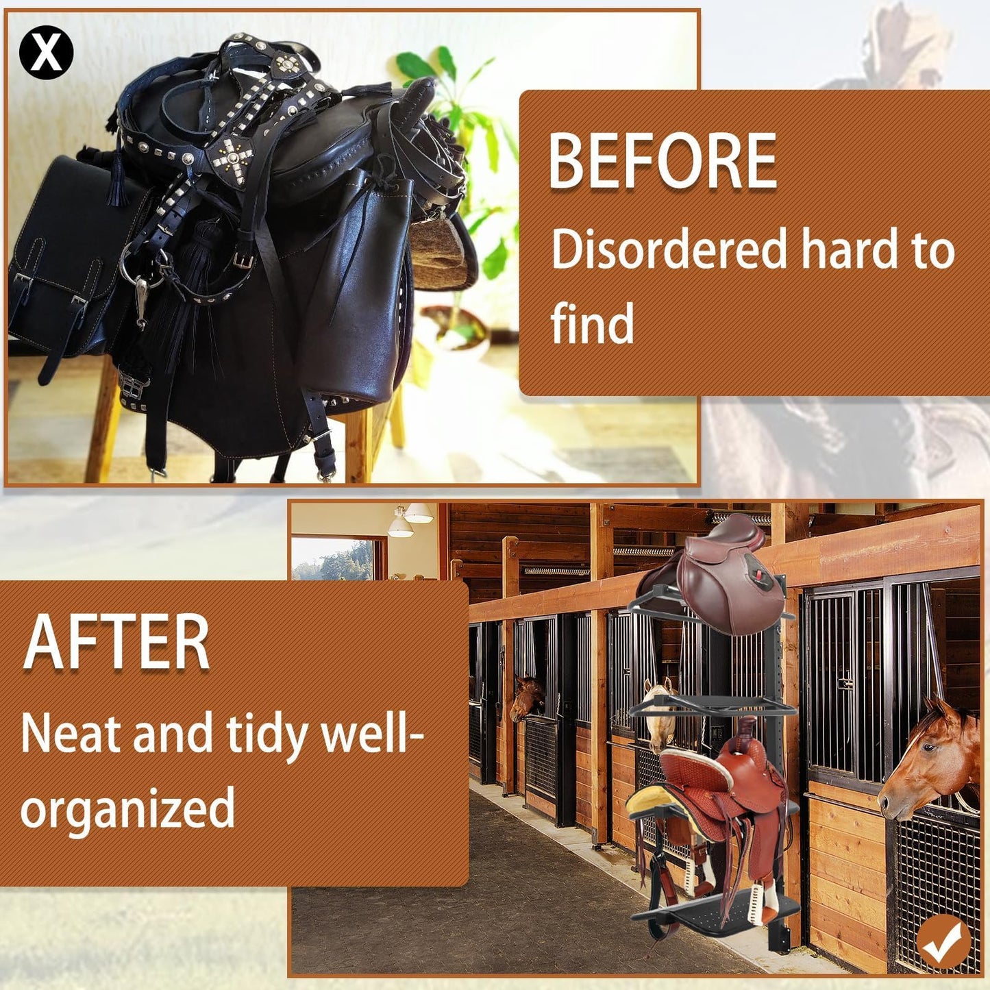 Sidasu 4 Tier Saddle Rack Wall Mount,Heavy Duty Horse Tack Storage for Western and English Saddles - Supports to 250LB, Holds Tack, Pad, Accessories etc for Horses