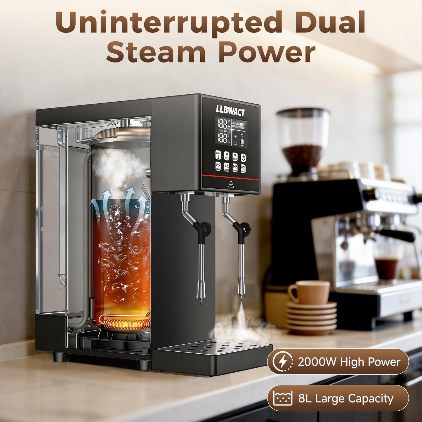 LLBWACT Dual-Head Commercial Steam Milk Frother, 2 Independent Wands, 15s Fast Frothing, 2000W 8L Continuous Steam, Independent Temp Control with LED Display for High-Volume Coffee Shop Restaurant