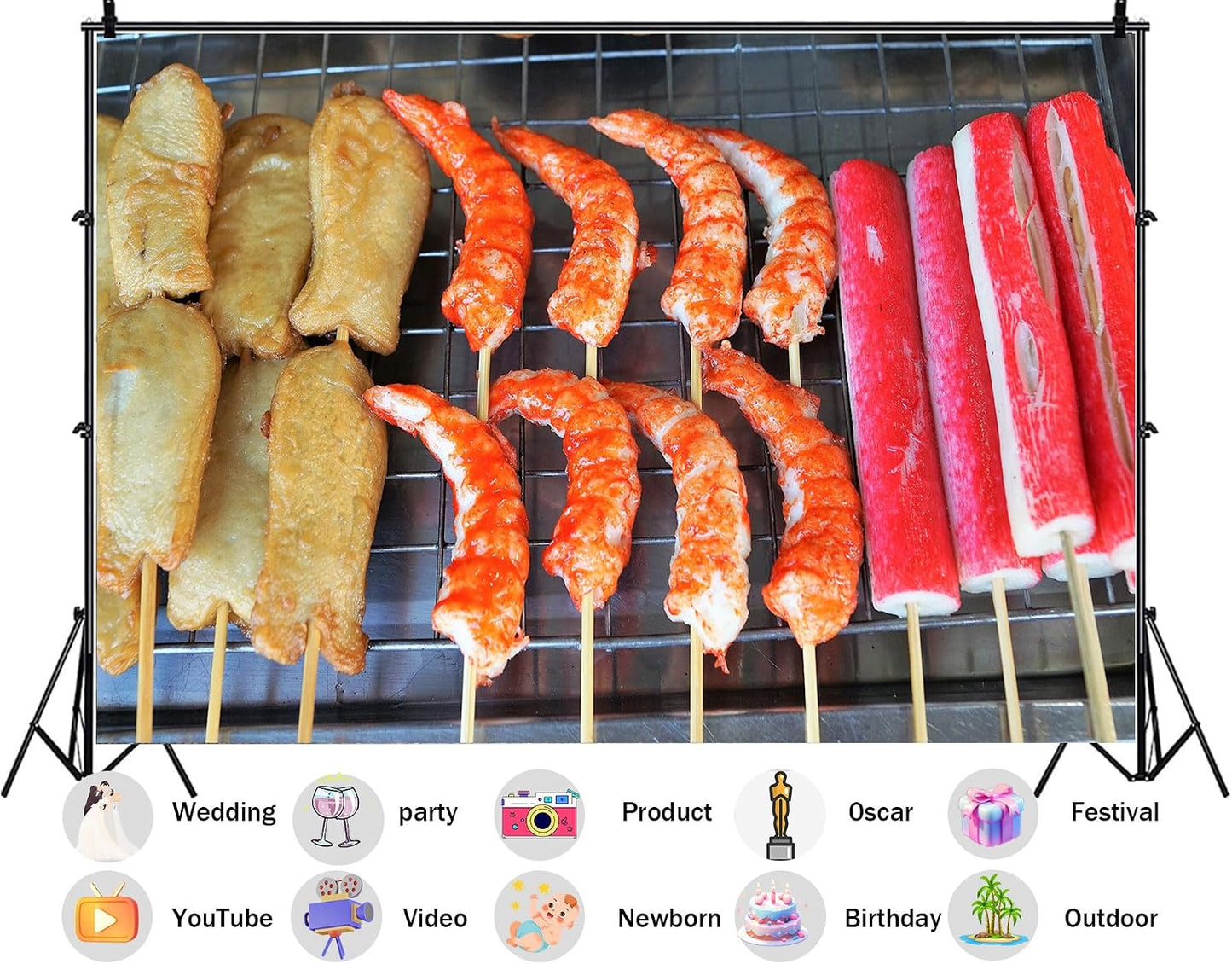 SHDASMIL 9X6ft Grilled Shrimp Skewers with Fried Tofu and Crab Sticks on Rack Backdrop Asian Street Food Display