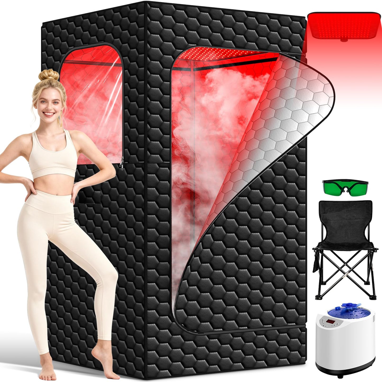Portable Sauna for Home, Infrared Sauna, 160 LEDs 660nm and 850nm Large Red Light Sauna Box, Steam Saunas Tent with 3L Steamer, 15 Temp Levels & 99 Min Timer for Indoor Spa, Relaxation, Detoxification