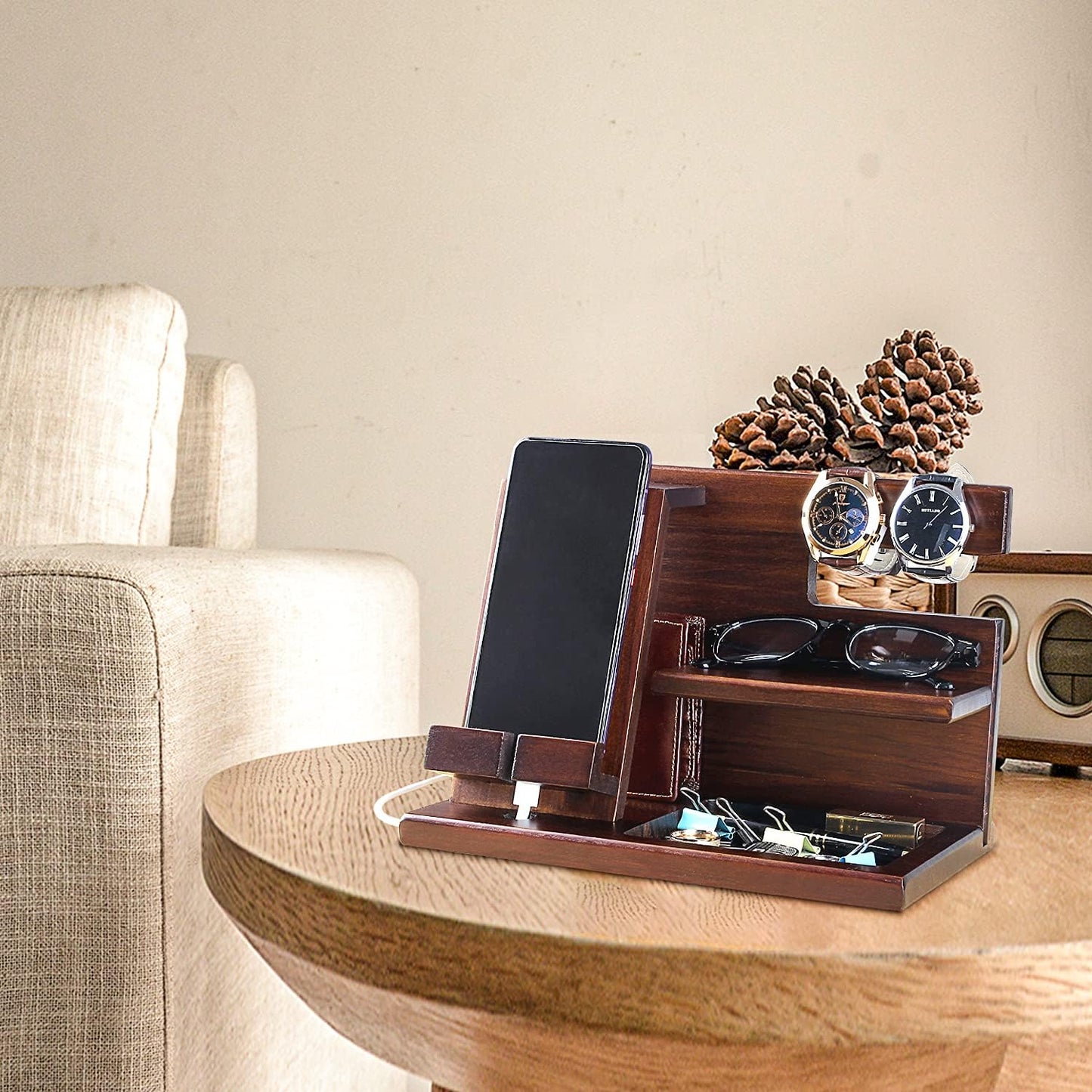 awofer Wood Phone Docking Station for Men - Wooden Nightstand Organizer - Personalized Idea for Him, Husband