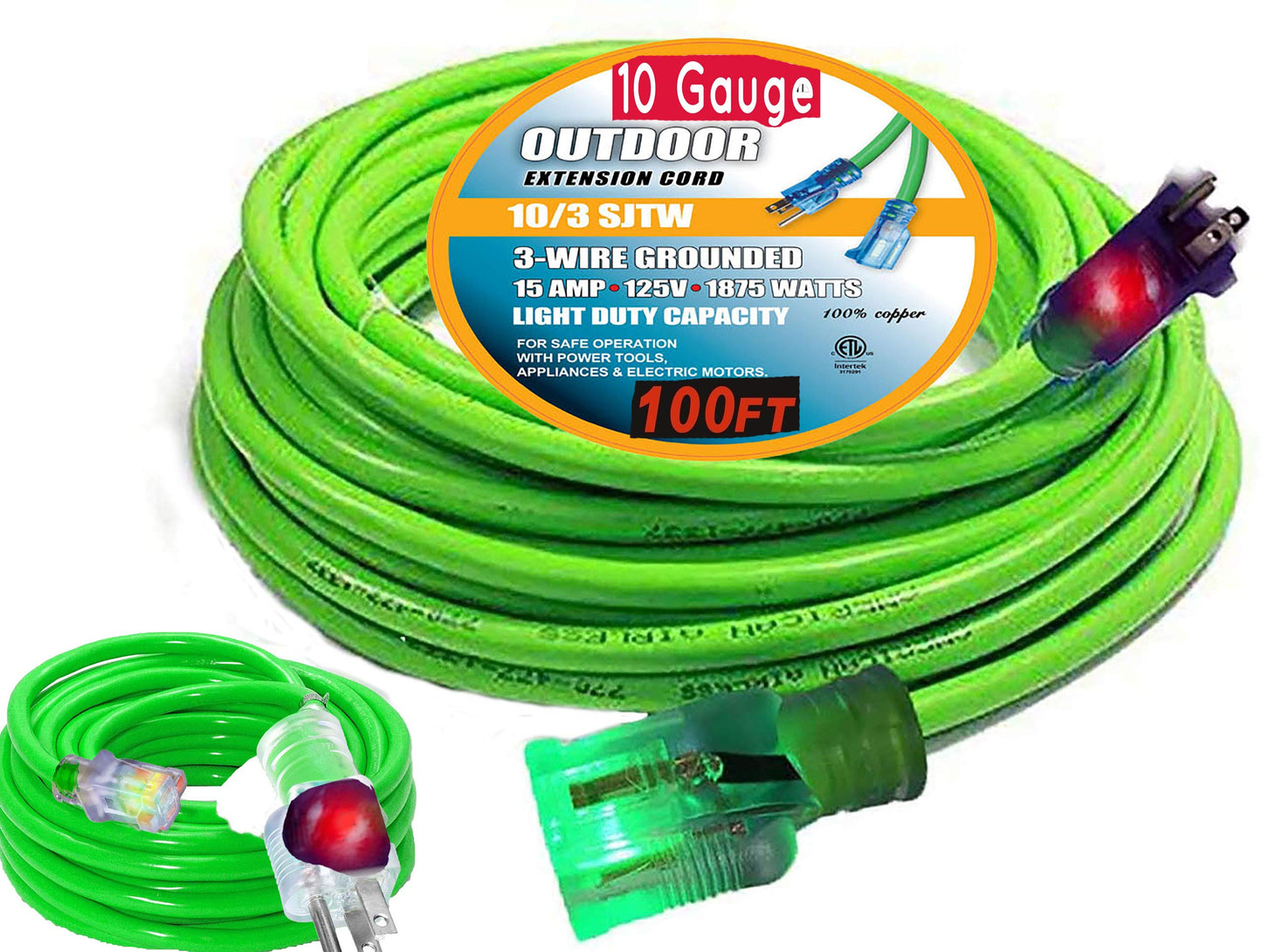 pizety 100 ft 10 Gauge Extension Cords 10 3 Contractor Grade 100 feet 10 Gauge Power Extension Cord 10/3 Plug Extension Cord with Lighted Ends (100 ft 10 Gauge Green Waterproof Extension Cord