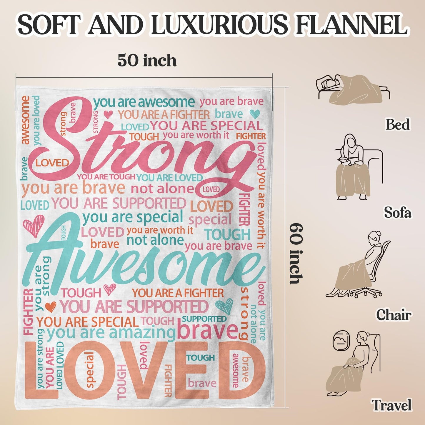 Super Soft Hug Blanket for Women - Inspirational Healing Gift for Cancer Patients, Post Surgery Recovery, Chemo Support, Hospital Stay, Thinking of You Gift for Her, Sister, Friend, 50"x60"