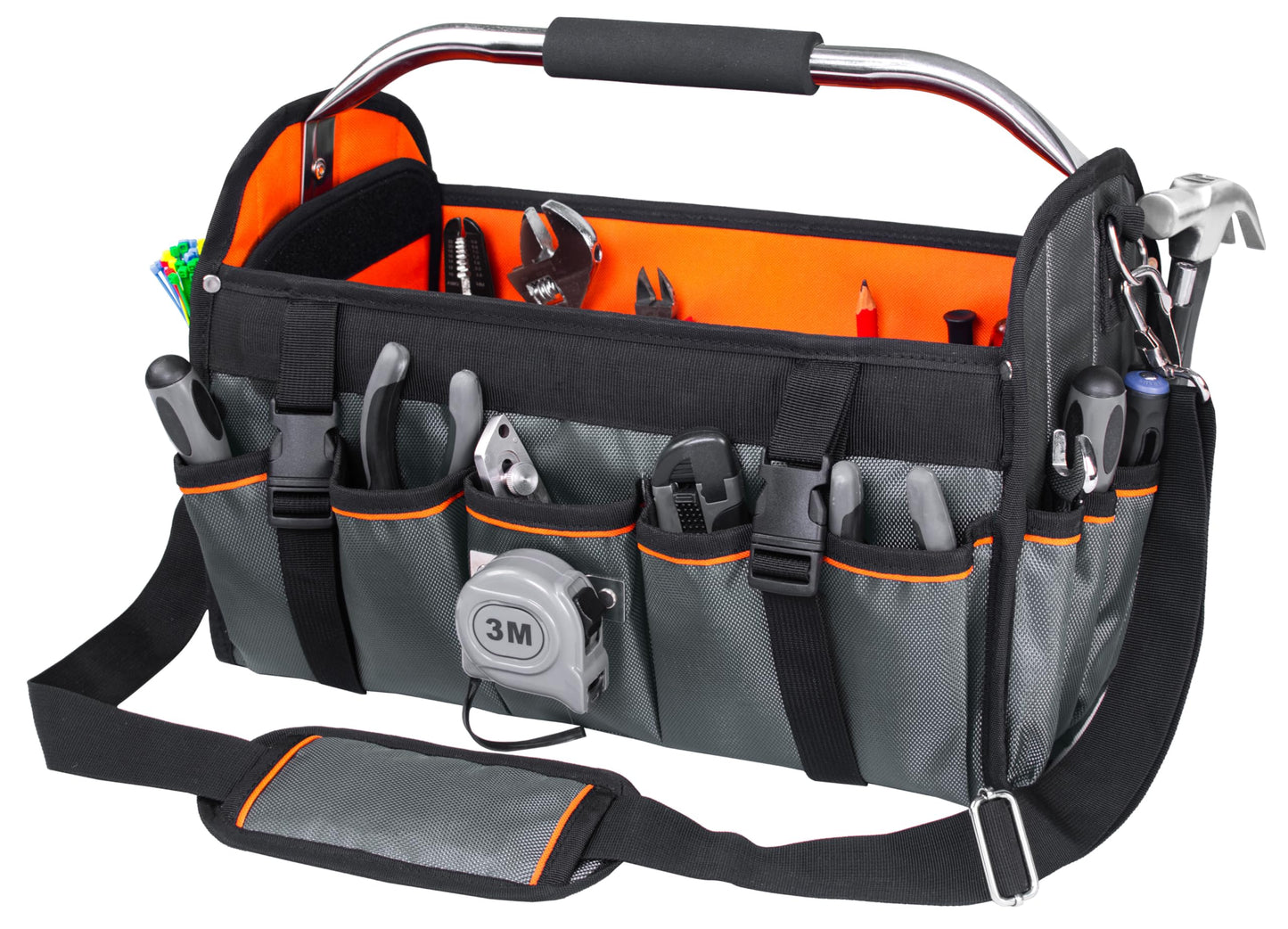 Aupofit 16 Inch Open Top Tool Bag, Pro-Grade Thick 1680D Fabric, Heavy Duty Foldabe Work Bag with Orange Interior Stainless Steel Handle & Padded Shoulder Strap, Easy Tool Access