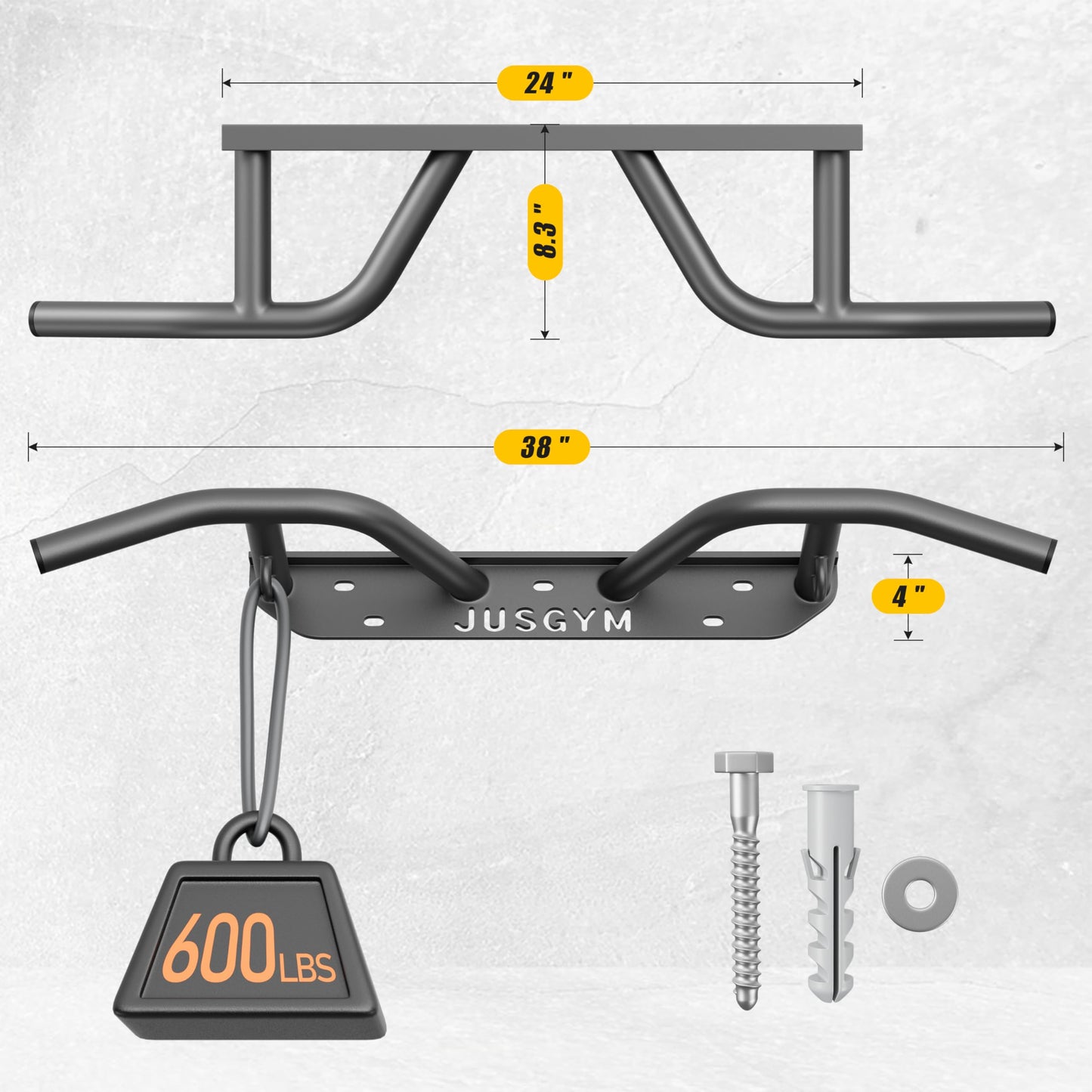 Jusgym Wall Mounted Pull Up Bar - Heavy Duty Chin Up Bar, Pull-Up Bar Support Beam or Joist Mounted, Multifunctional Fitness Bar, 600LBs Capacity