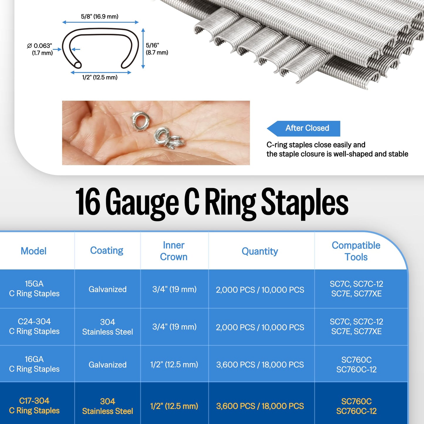 meite 16 Gauge 1/2" Hog Rings, 304 Stainless Steel Hog Ring Staples for SC760C Hog Ring Stapler, C Ring Staples for Outdoor Pet Cages, Coastal Fencing, Marine Netting (18,000 Counts)