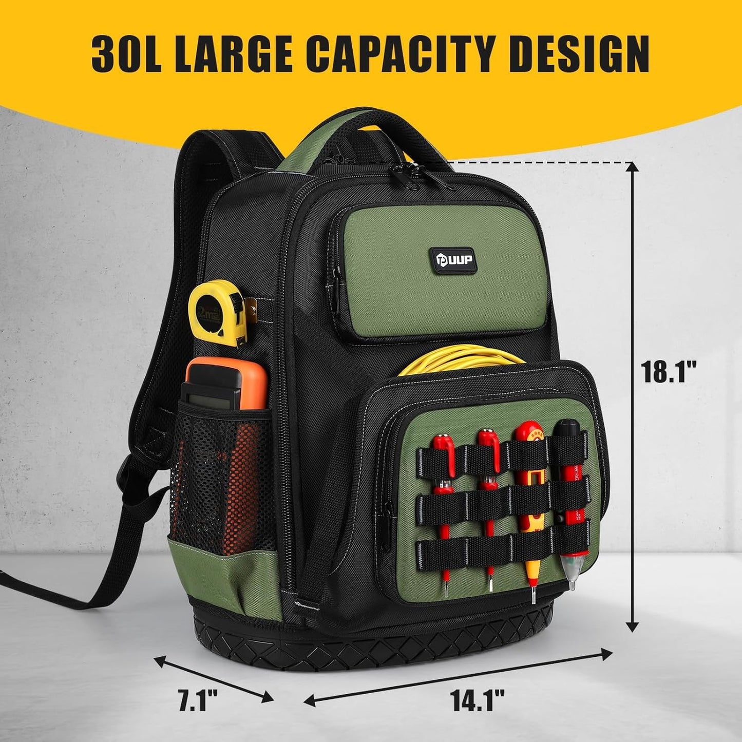 UUP Heavy Duty Tool Backpack - Large Waterproof Tool Organizer with Molded Hard Bottom | Ideal for Electricians & Contractors