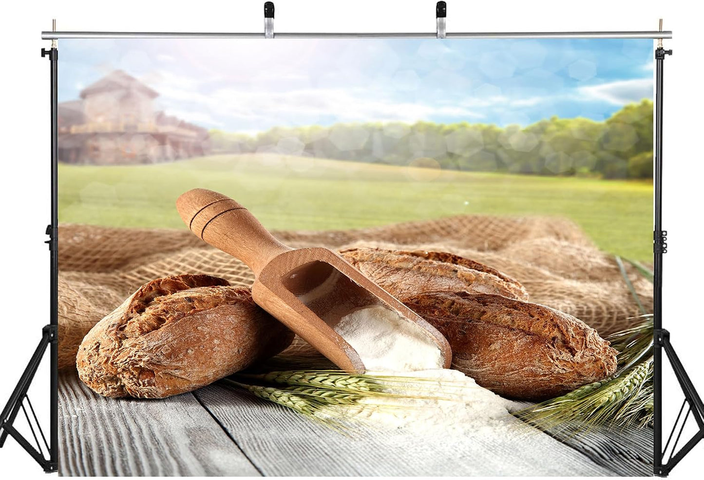 LidyMini 10x8ft Fabric Rustic Bread & Flour Backdrop Wooden Scoop Wheat Ears Farmhouse Background Artisanal Baking