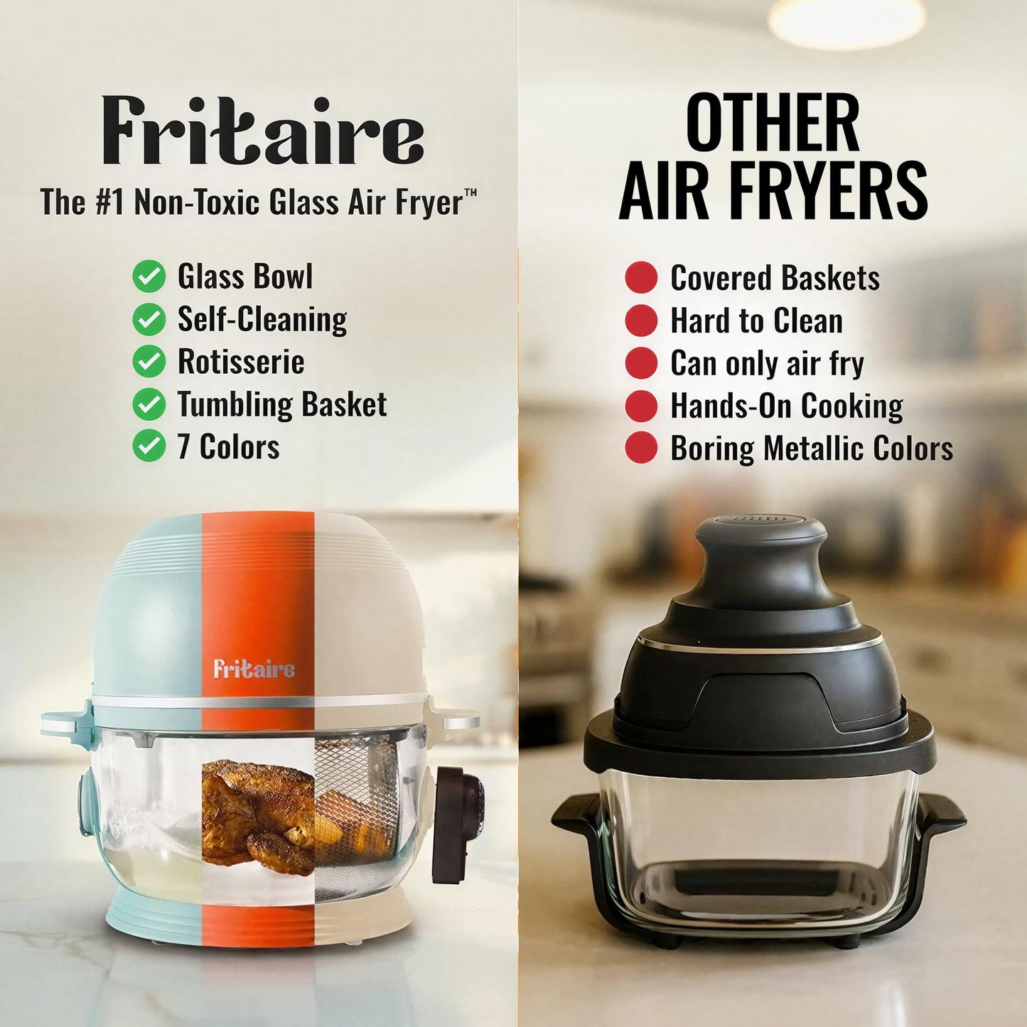 Non Toxic Air Fryer™ Pro | 9-in-1 Glass Air Fryer | Self-Cleaning | 5 Quart | Rotisserie and Tumbler | 400F Vortex For Even Cooking, BPA-Free Teflon Free, Recrisp, Roast, Bake, White