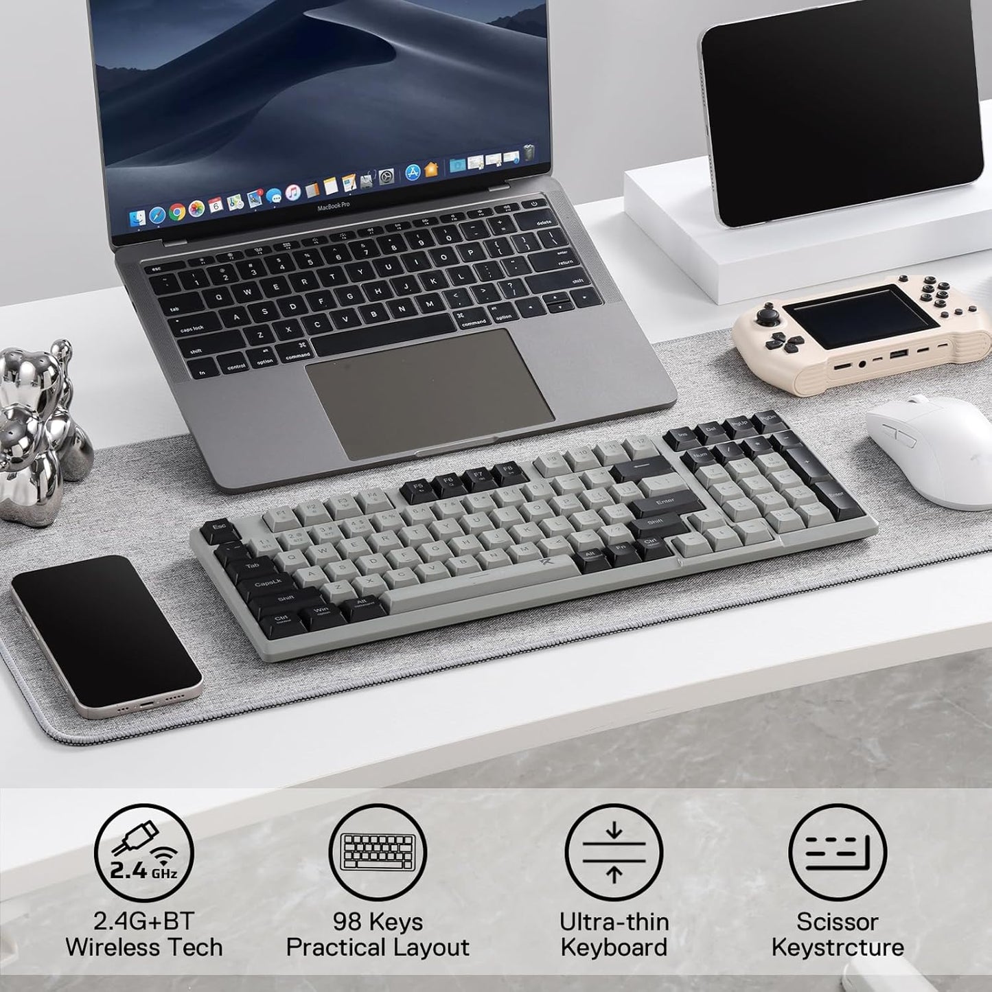 Redragon BK7114 98 2.4G Low-Profile Wireless Computer Keyboard, Keys Slim Office PC Scissors Mechanism Keyboard w/ BT