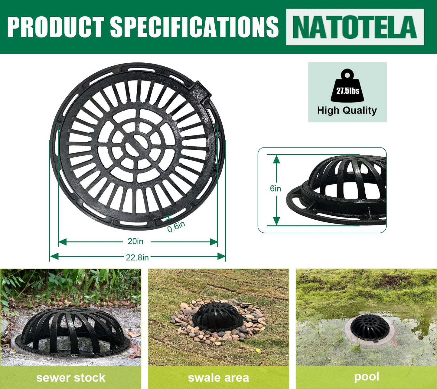 Natotela 20in Ductile Iron Atrium Drain Grate with Hinge and Frame, Dome Metal Overflow Relief Gully Grate with Bolted Down Base, Cast Iron Sewage Drain Grates for Garden,Yard,Lawn(Overall Size 23")