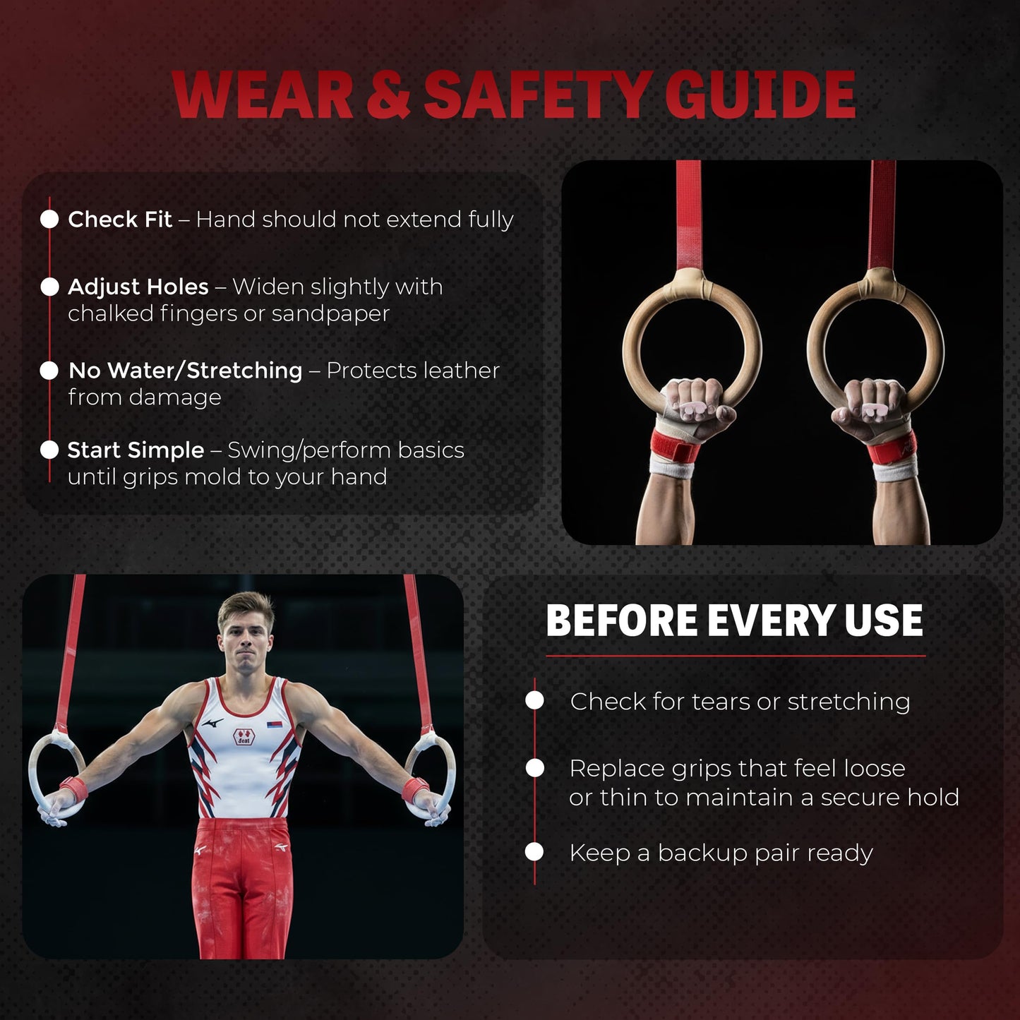 Reisport Men's Ring Gymnastic Grips, Premium Leather Grip with Hook & Loop Closure for Secure Grip, Safe Hand Grip, Hand Wraps for Advanced Gymnasts, XX-Small