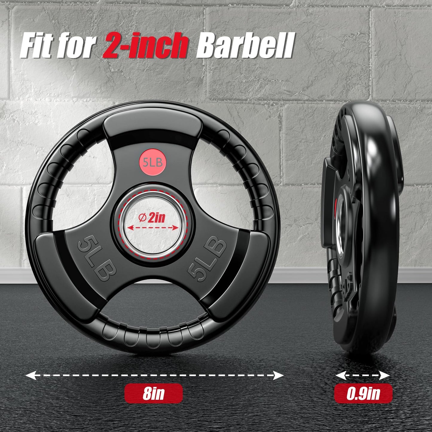Gikpal Olympic Weight Plates, 2-Inch Three-Grip Rubber Coated Barbell Plates with Steel Hub, Cast Iron Weights for Strength Training & Home Gym, Pair or Sets (2.5–45LB)