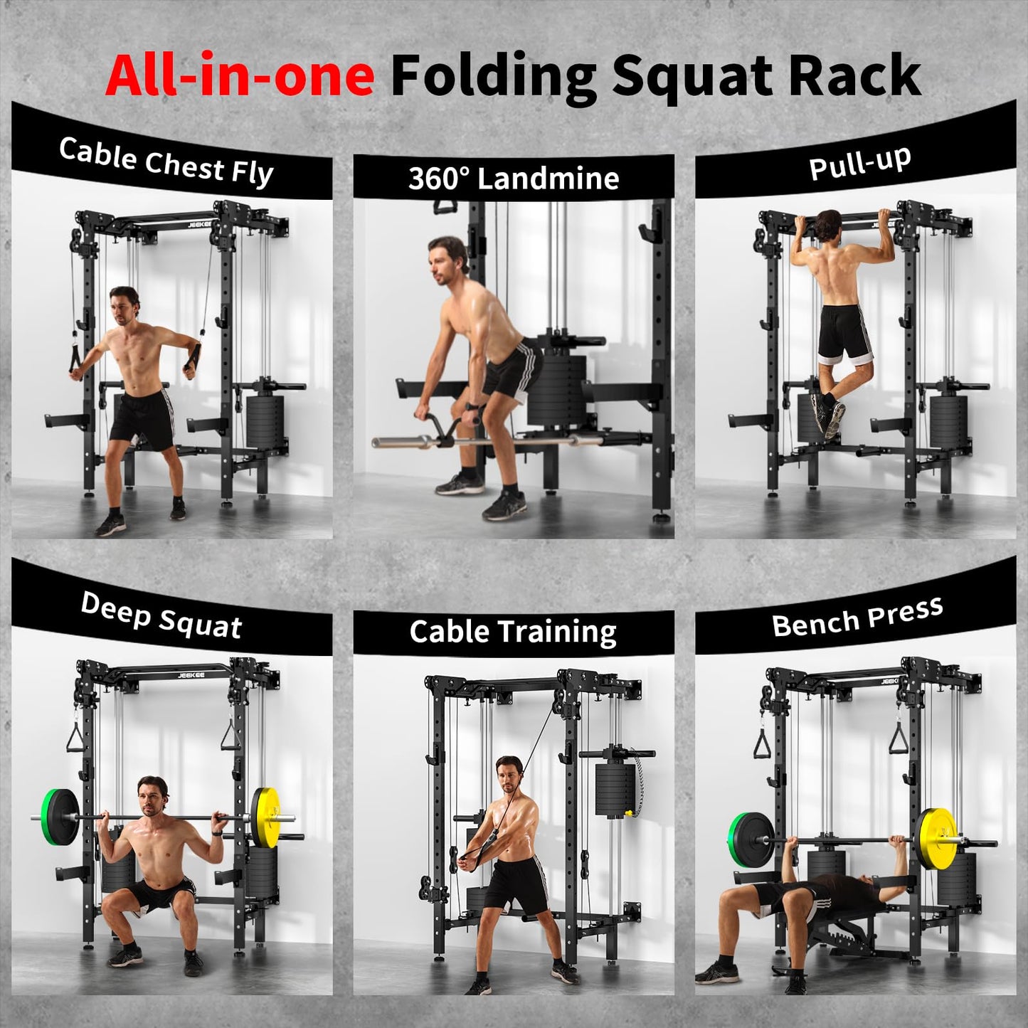 JEEKEE Folding Wall Mounted Power Rack with 180LB Weight Stack, 2400LB 2×3 Heavy Duty Squat Rack, Dual Cable Crossover System 1:1 Ratio, Functional Trainer for Home Gym Small Space,Black