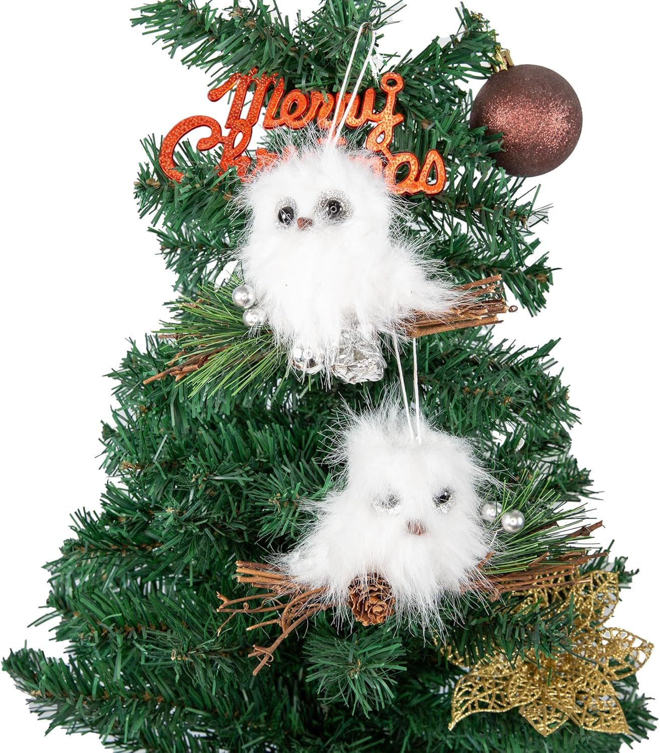 YCHTEWY White Plush Owl Christmas Ornaments - Gold Star Winter Holiday Tree Decor | Set of 2