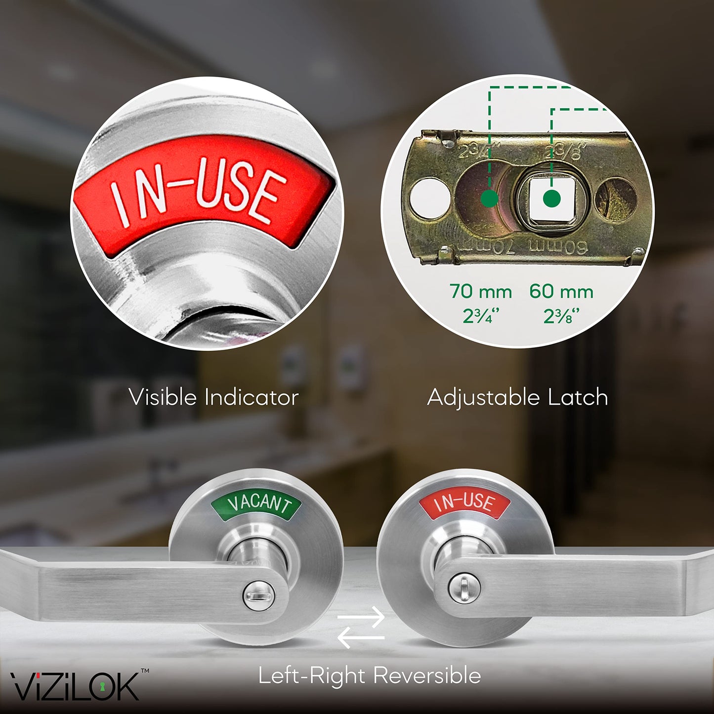 VIZILOK Commercial Door Lock for Bathroom Privacy, Safety, Standard Indicator Lock in Satin Chrome, ANSi Grade2, Perfect for Restaurants, Medical Offices, Airbnb, Dorms, Gyms, Fitting Room