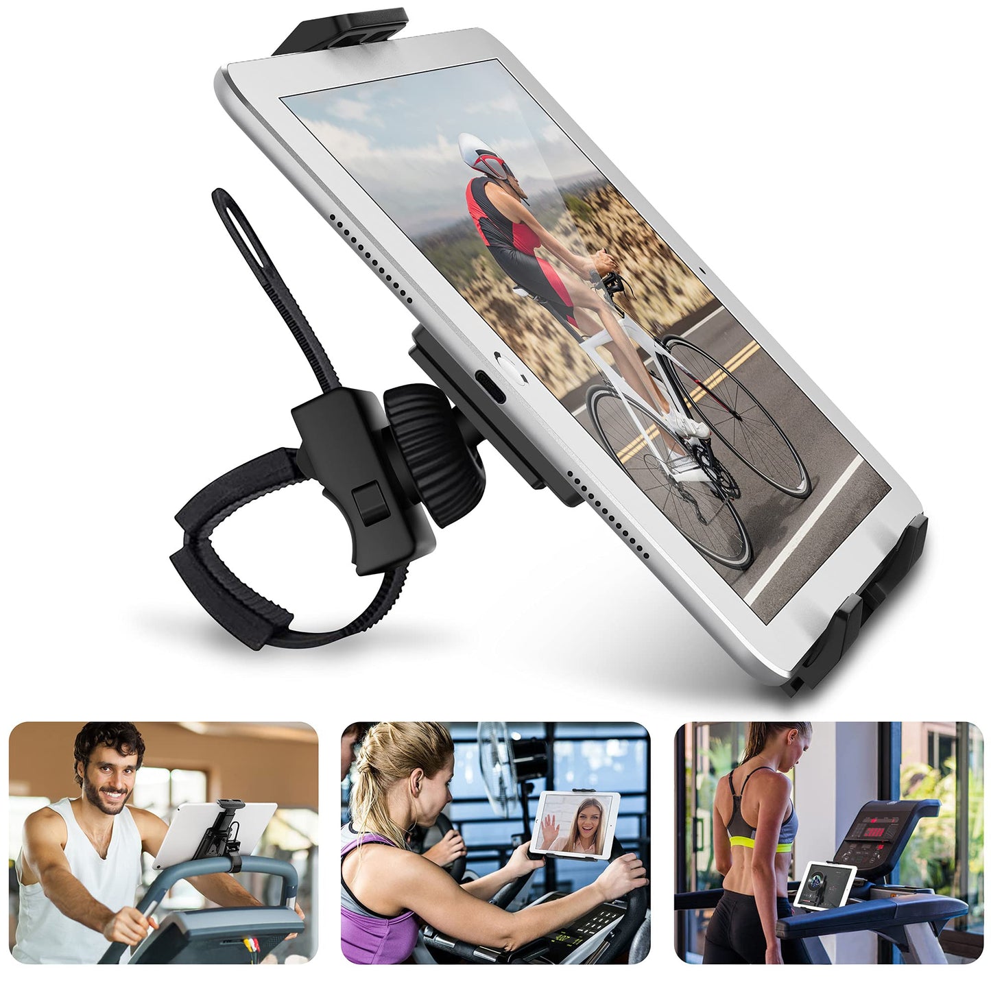 AboveTEK Universal Handlebar Mount for iPad, Indoor Cycling Bike iPad/iPhone Mount – Anti-Shock 360 Degree 3.5” to 12” Expandable Pole Strap Phone Holder for Gym, Treadmill, Spin Bike, Elliptical