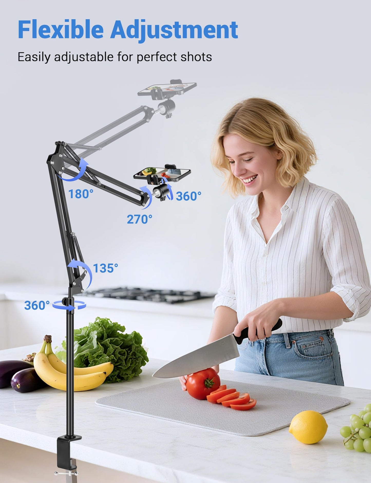 Evekea Overhead Camera Mount, Desk Camera Mount with 360° Adjustable Arm and Phone Holder for DSLR Cameras/iPhone/Webcam/Ring Light, Desk Phone Stand for Video Recording,Zoom Meeting,YouTube,TikTok